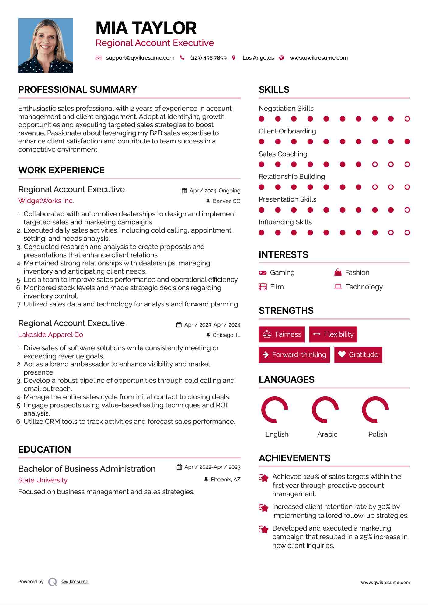 Regional Account Executive Resume Model