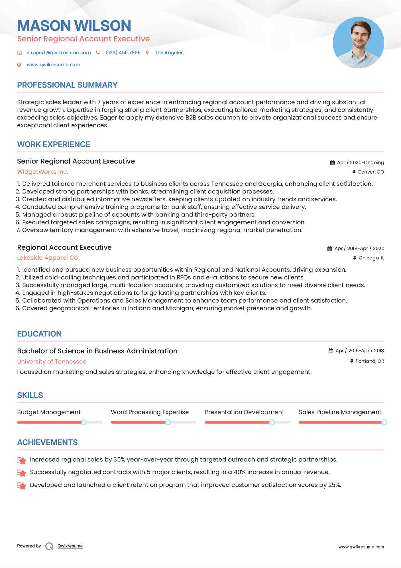 Senior Regional Account Executive Resume Example
