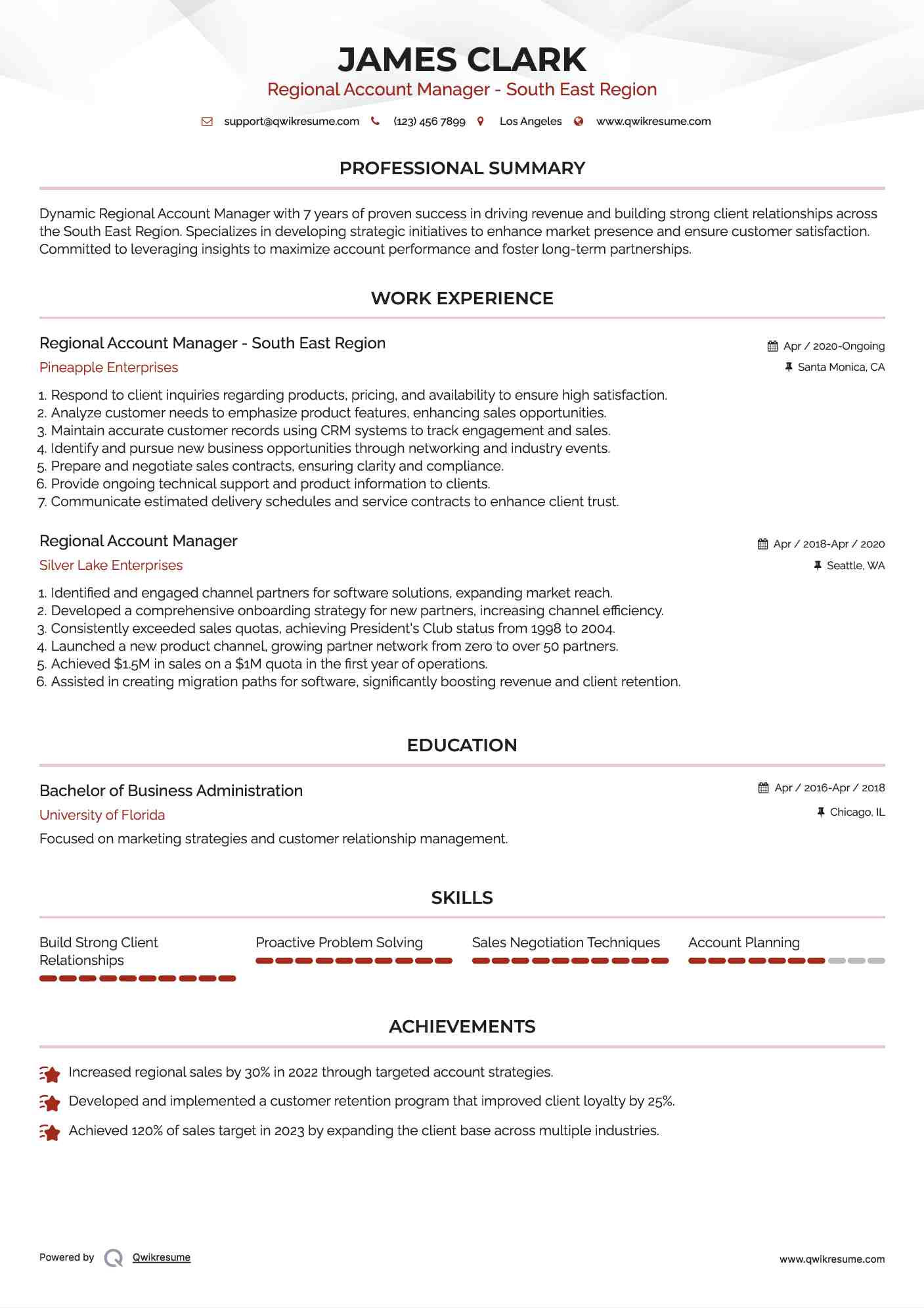 Regional Account Manager - South East Region Resume Format