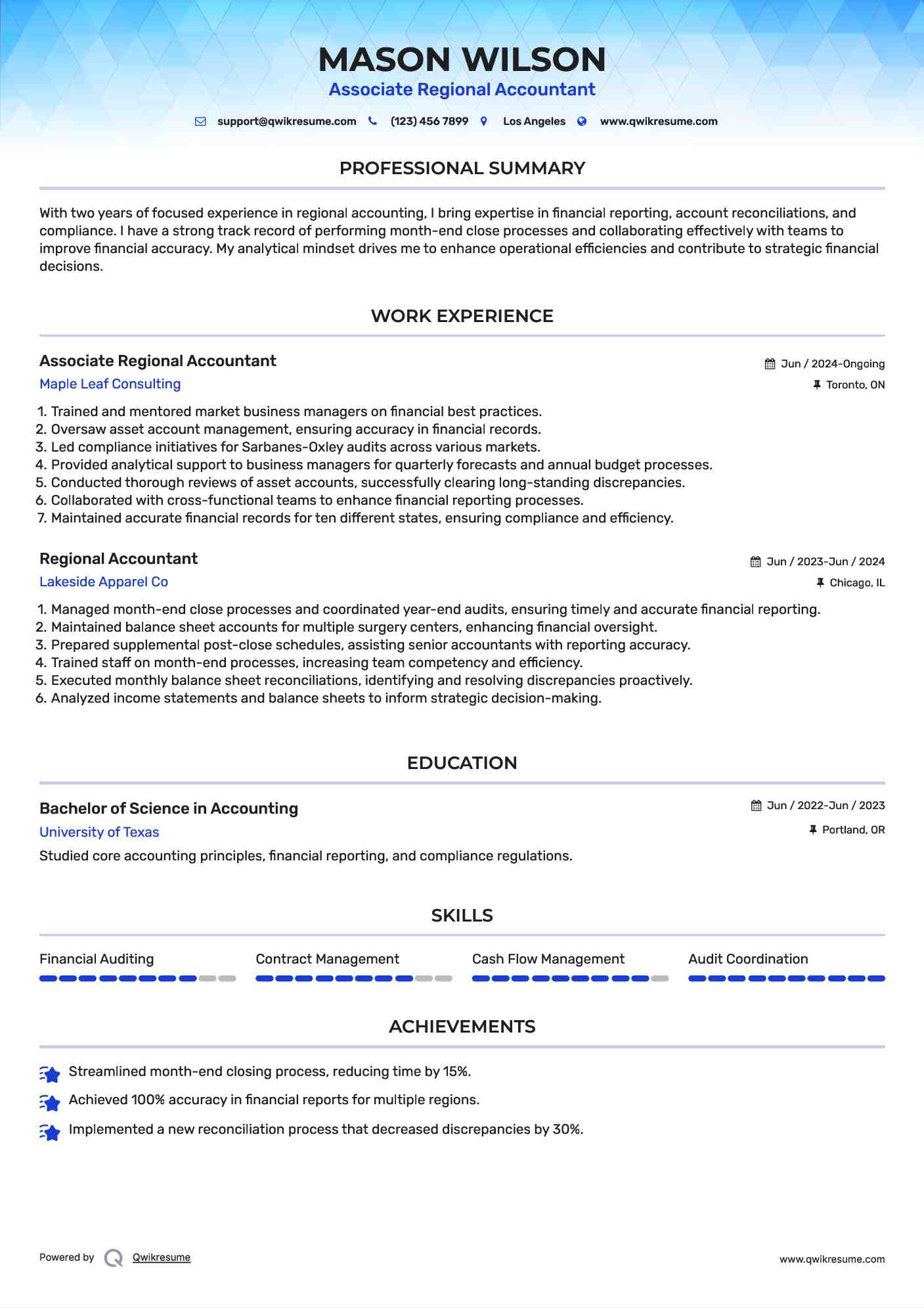 Associate Regional Accountant  Resume Model