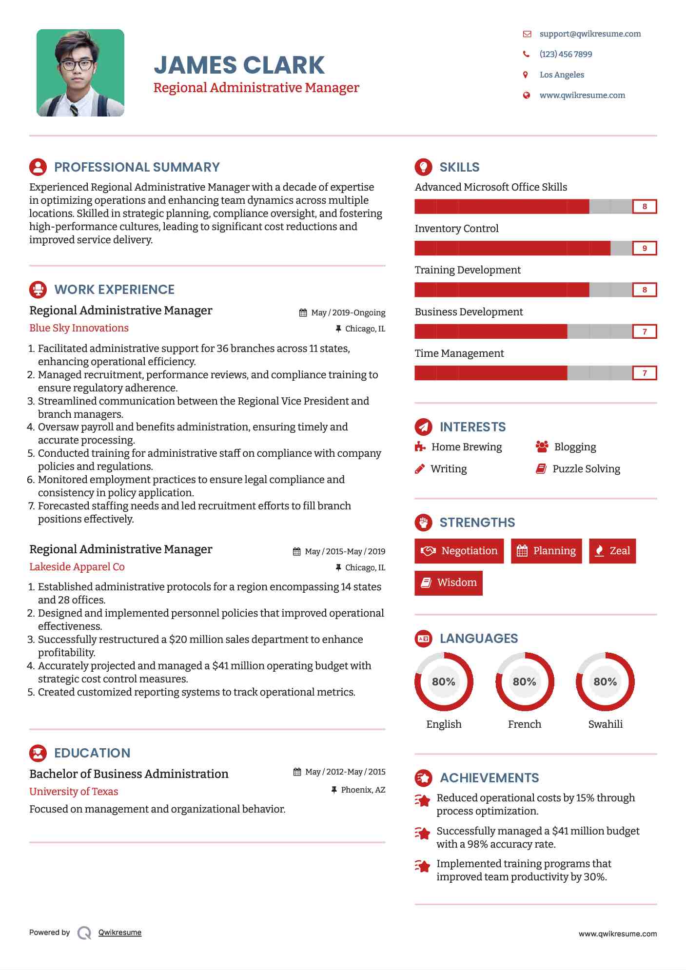 Regional Administrative Manager Resume Format