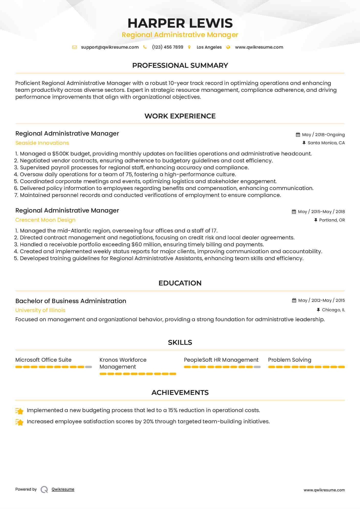 Regional Administrative Manager Resume Example