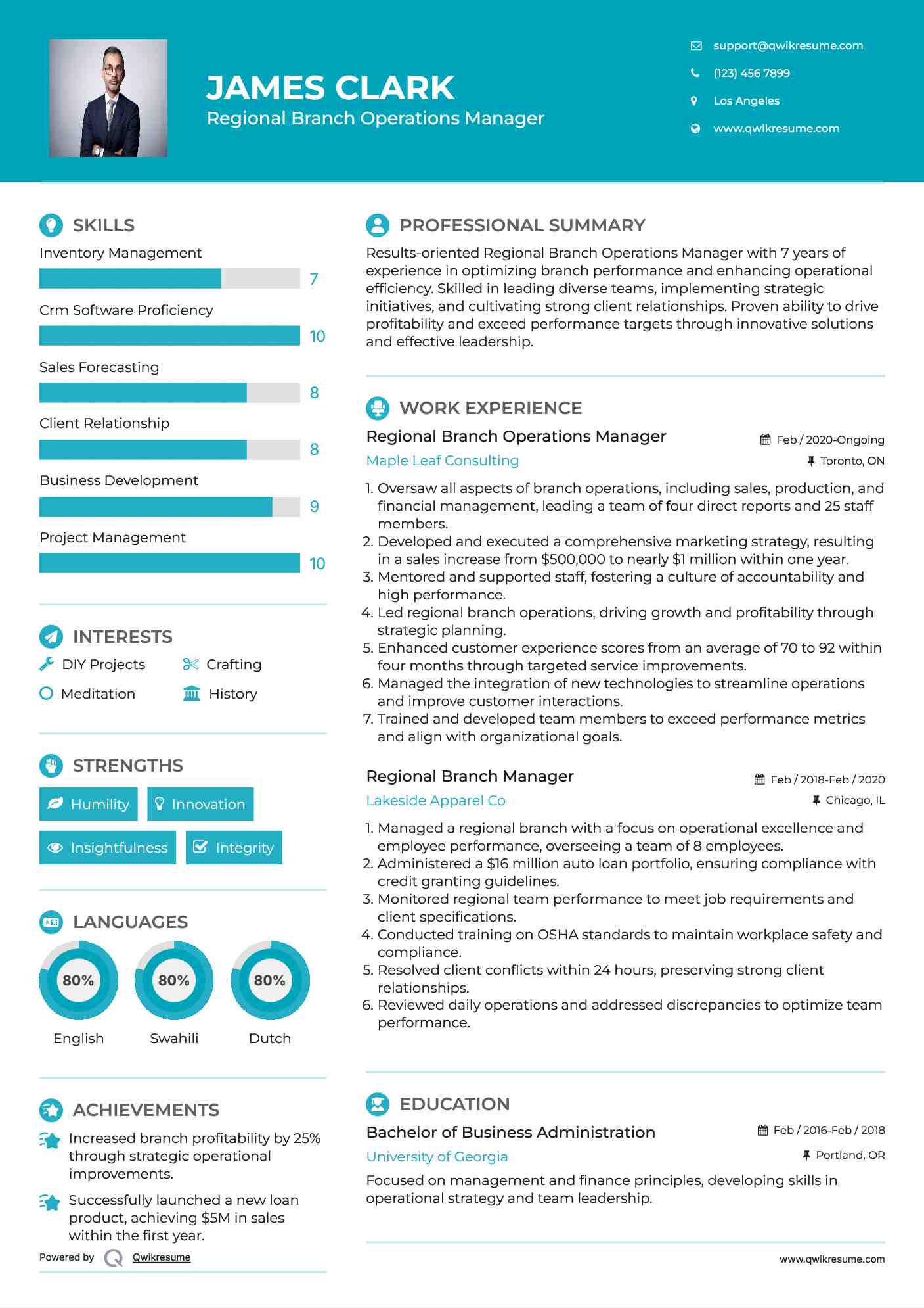 Regional Branch Operations Manager Resume Format