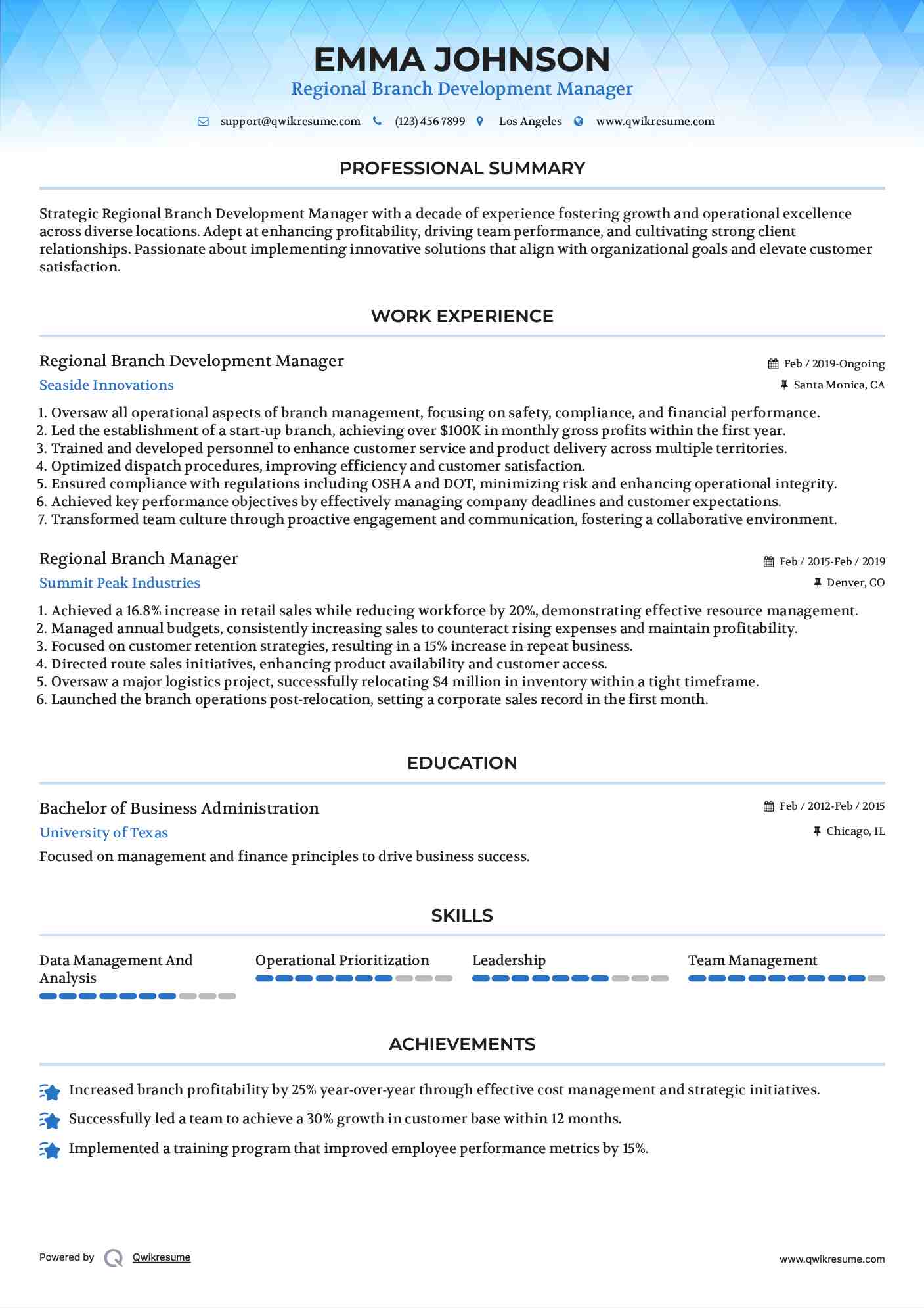 Regional Branch Development Manager Resume Format