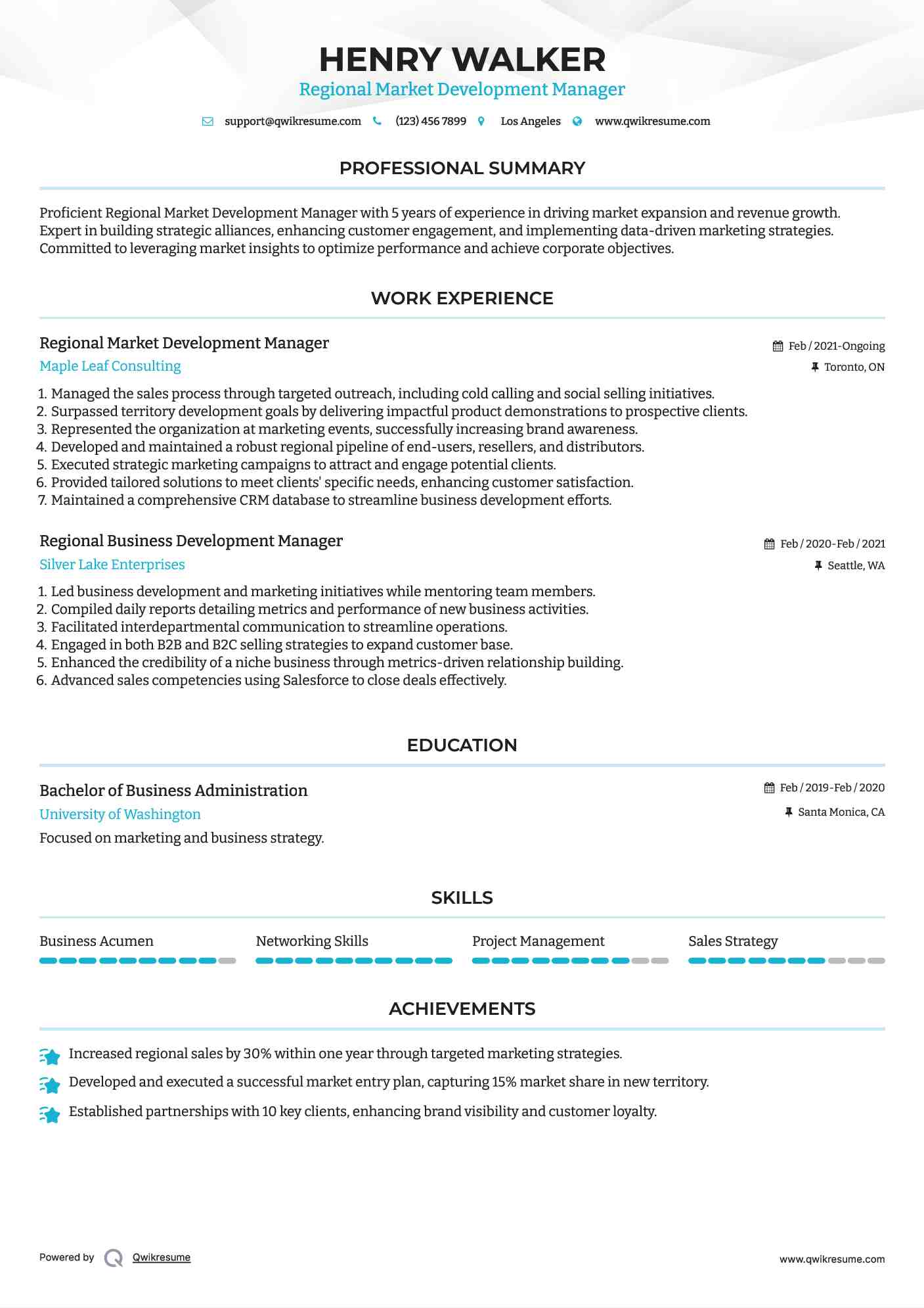 Regional Market Development Manager Resume Model