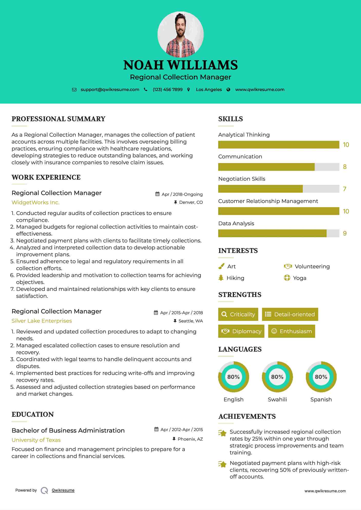 Regional Collection Manager Resume Format