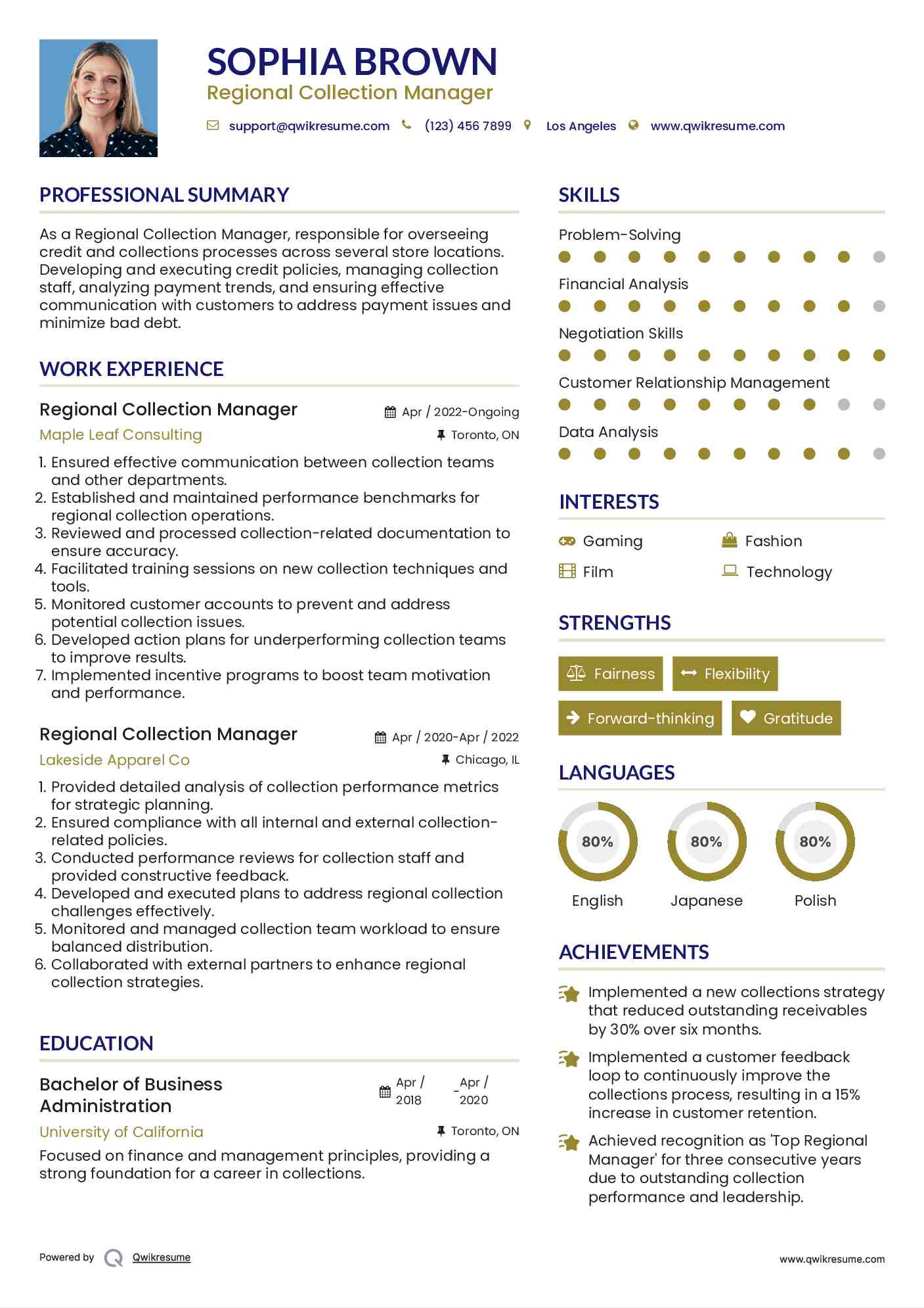 Regional Collection Manager Resume Template