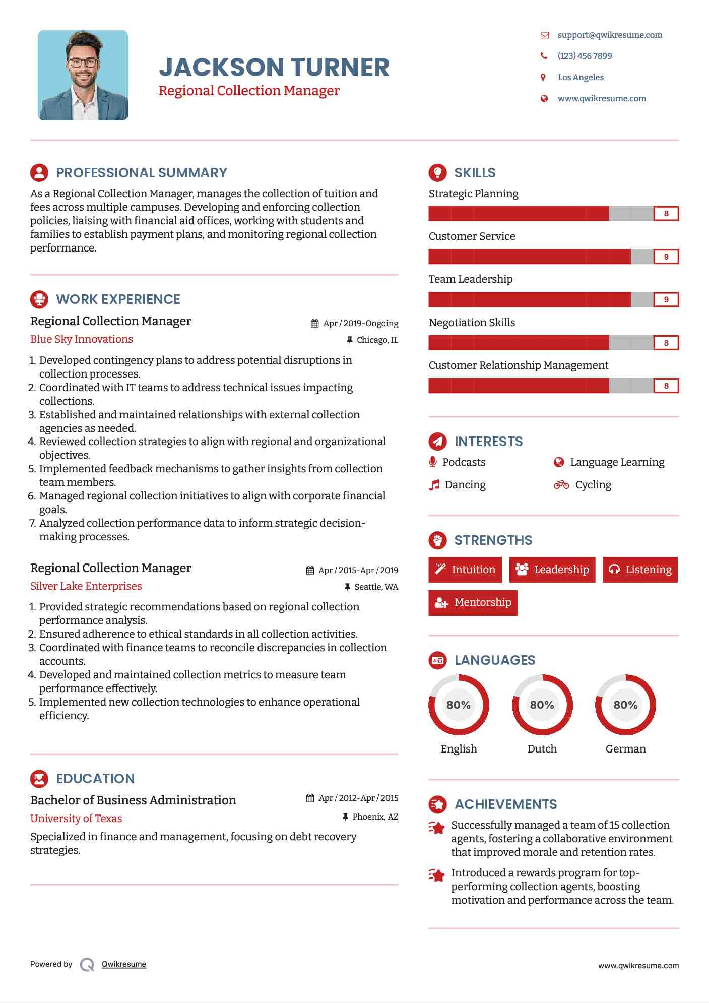 Regional Collection Manager Resume Template