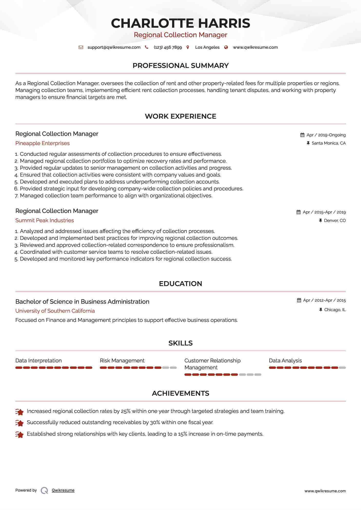 Regional Collection Manager Resume Format