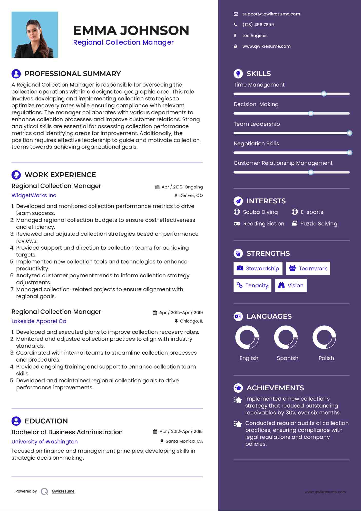 Regional Collection Manager Resume Template