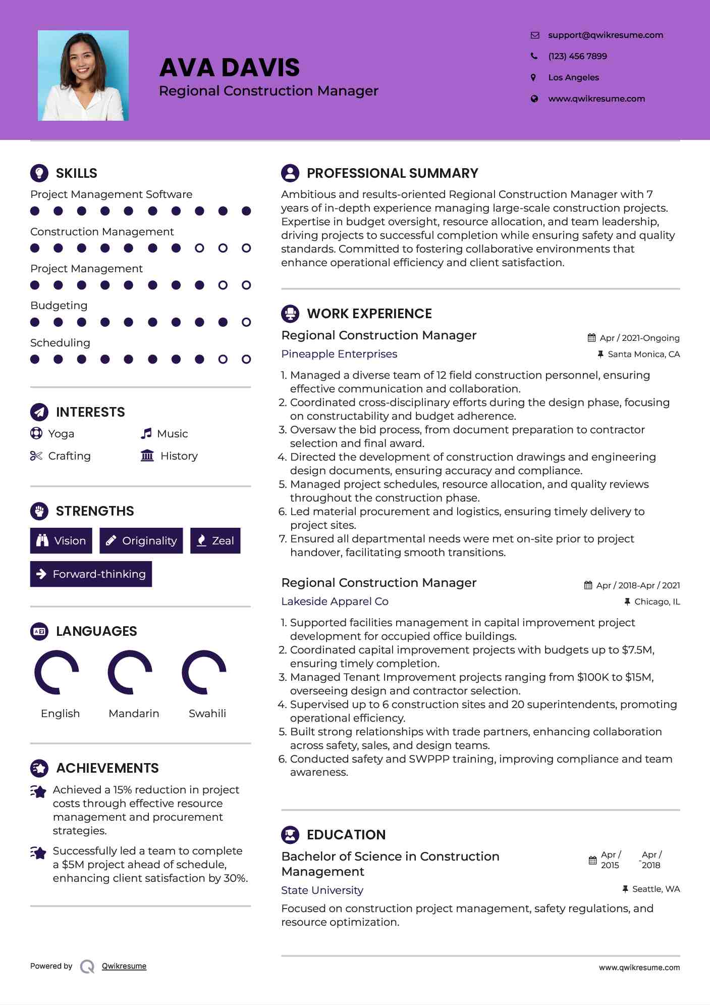 Regional Construction Manager Resume Model