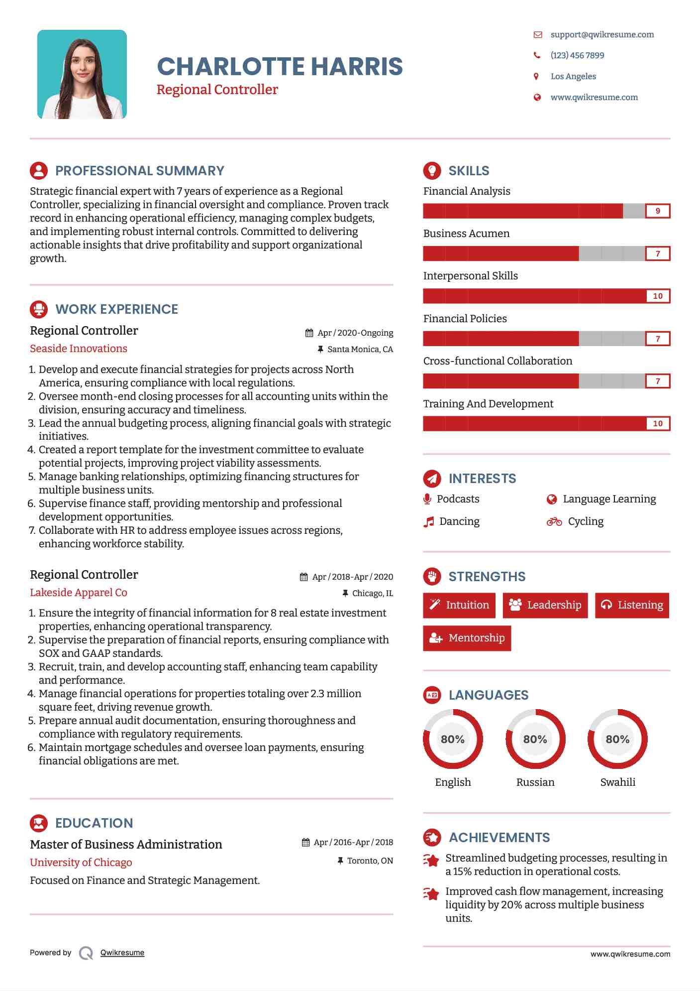 Regional Controller Resume Example