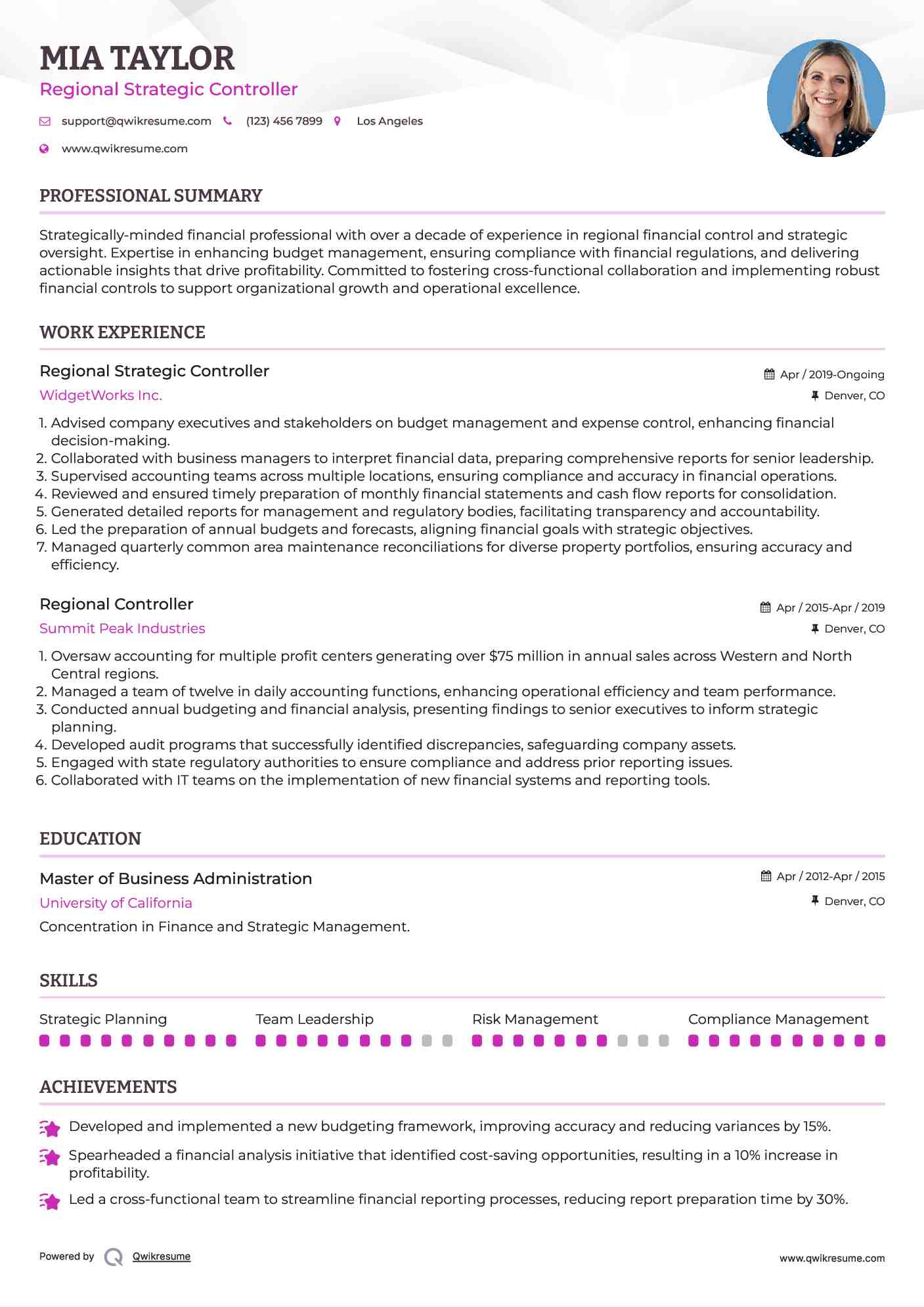 Regional Strategic Controller Resume Template