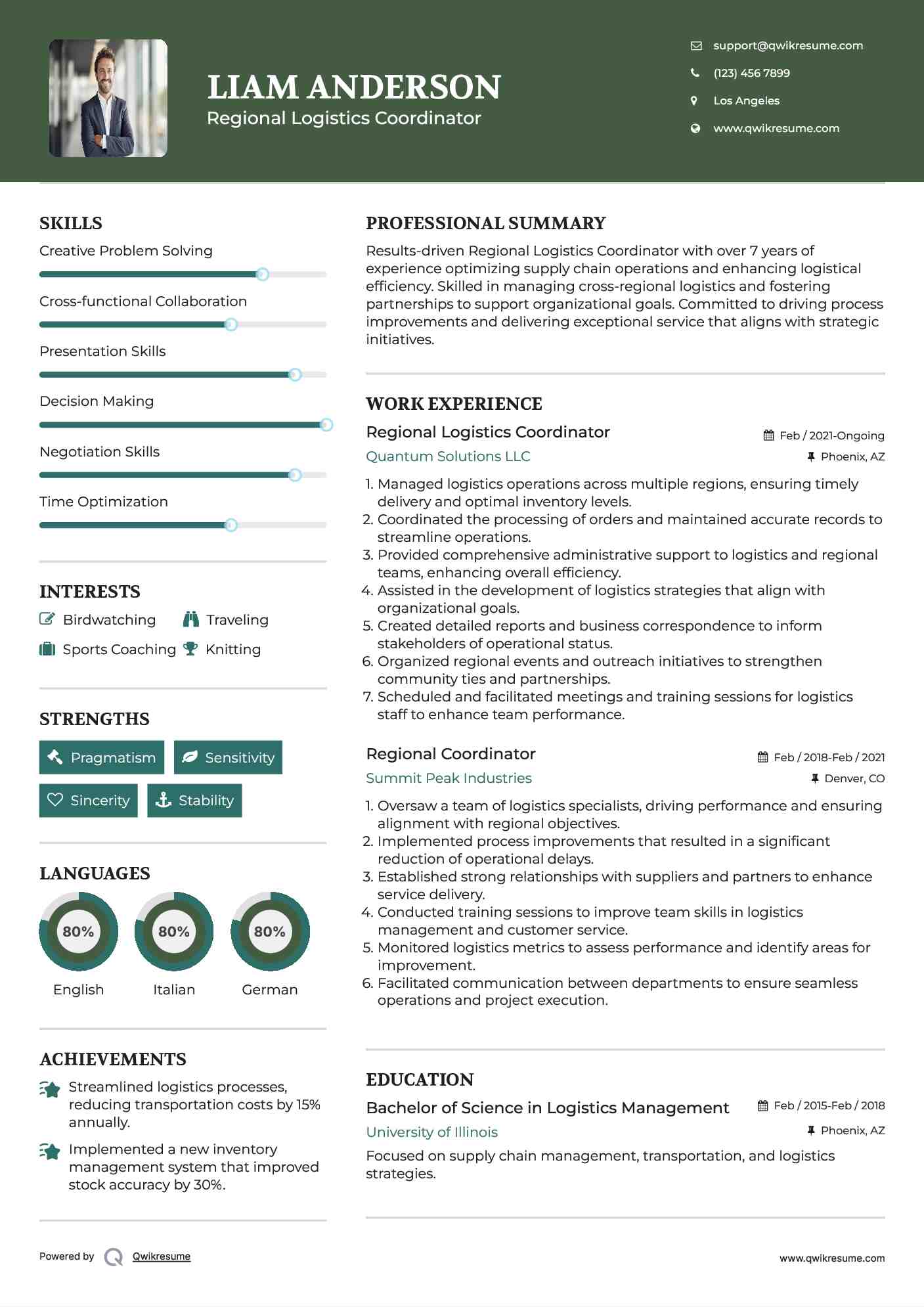 Regional Logistics Coordinator Resume Example