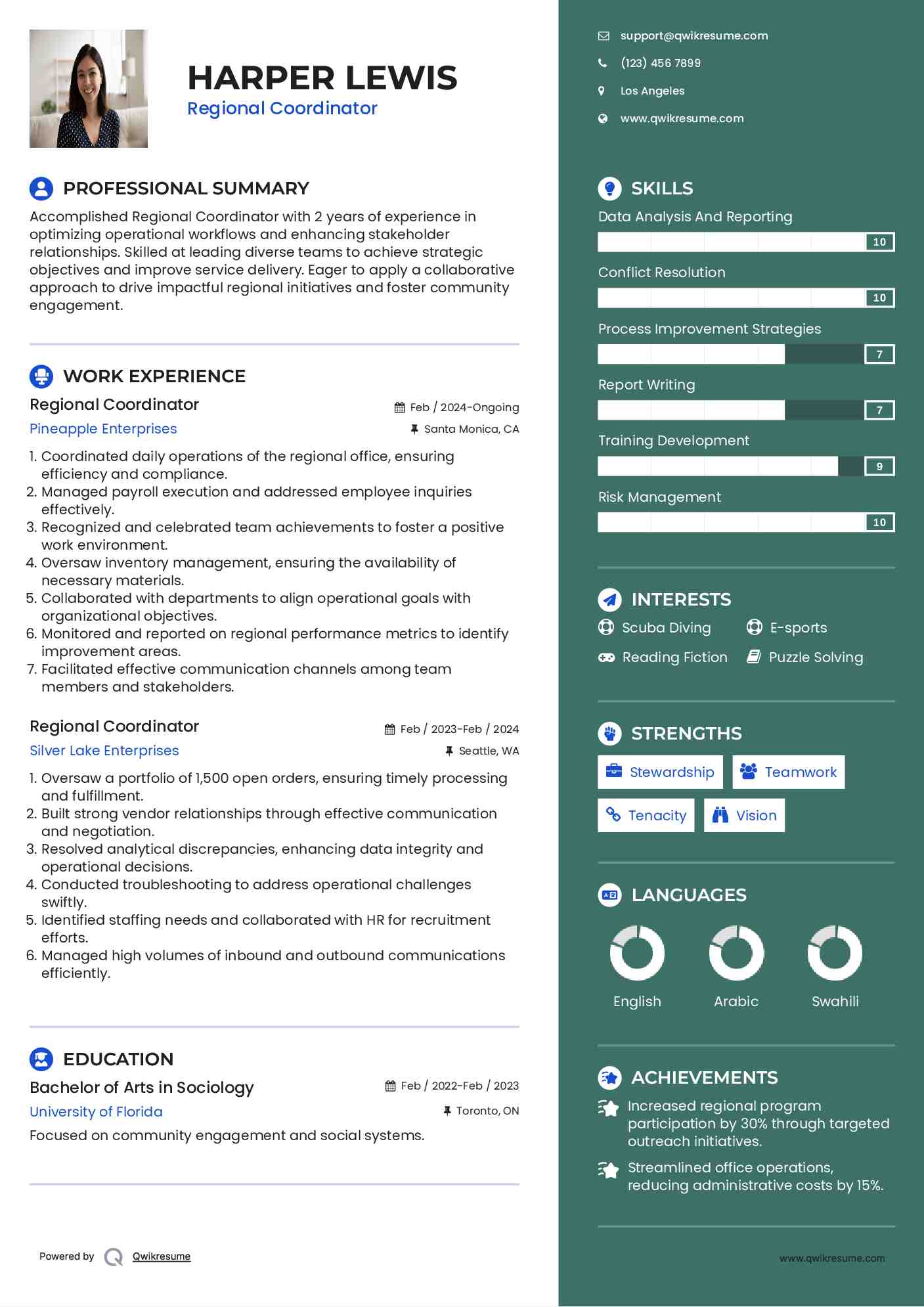 Regional Coordinator Resume Model