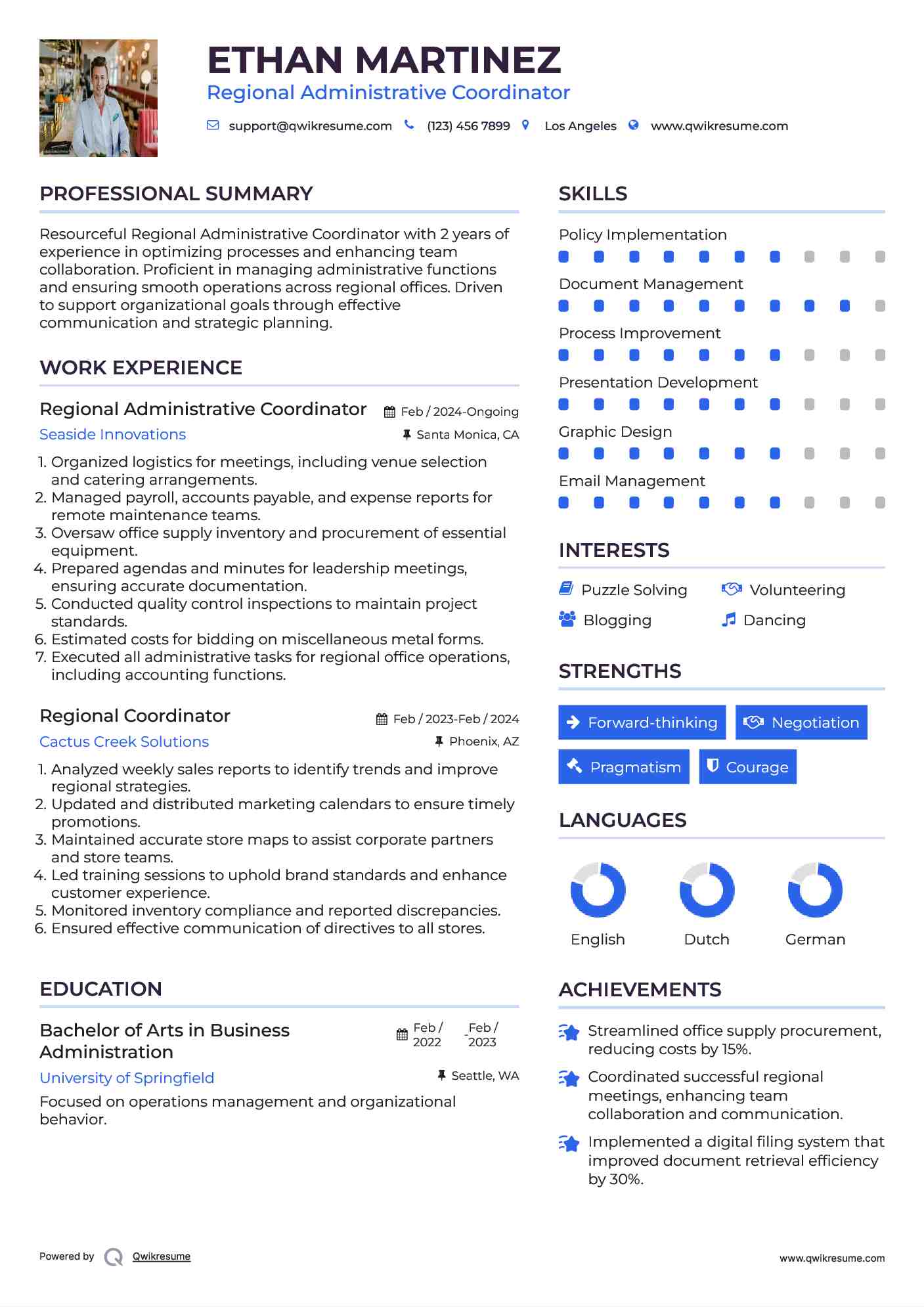 Regional Administrative Coordinator Resume Sample