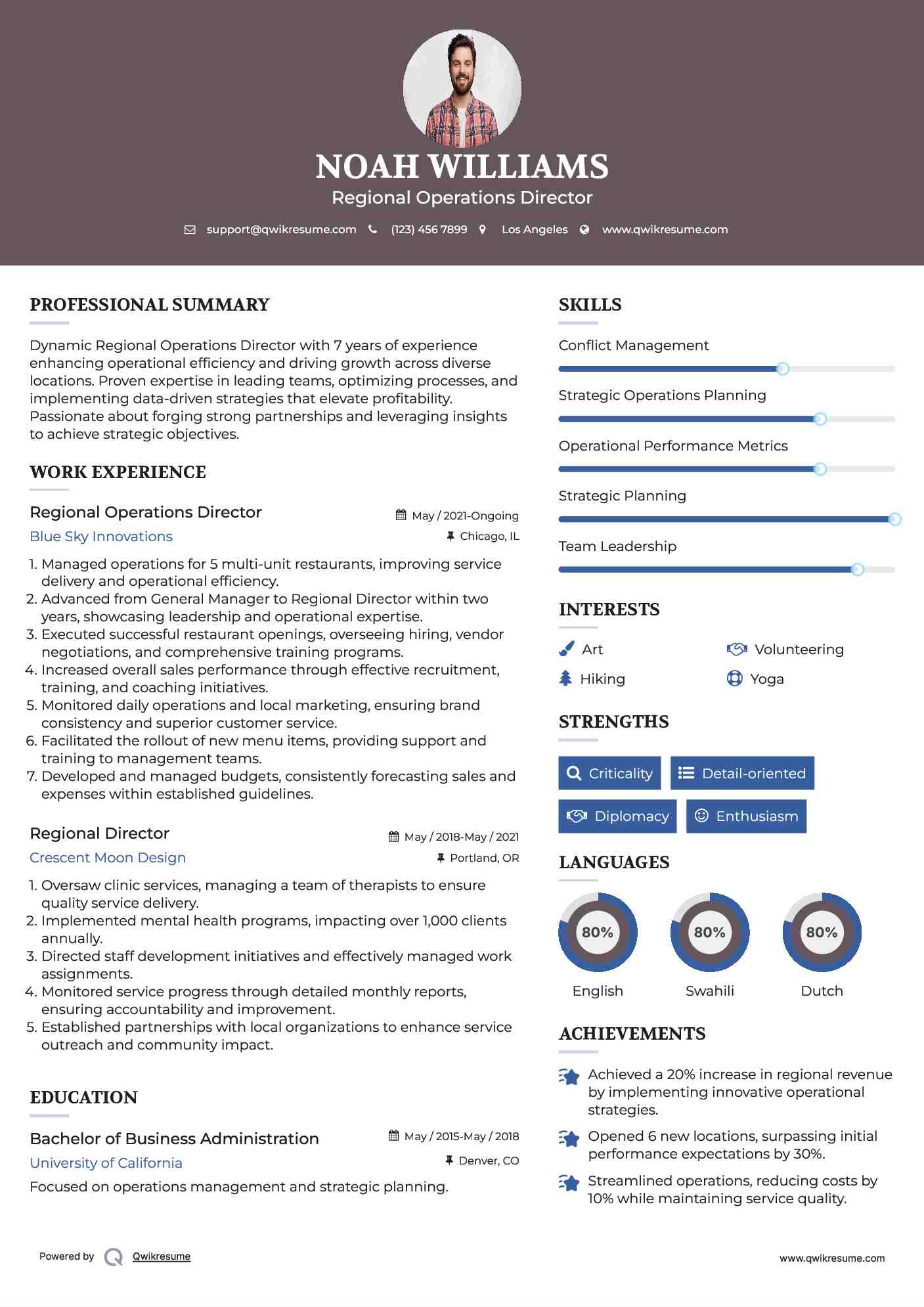 Regional Operations Director Resume Example