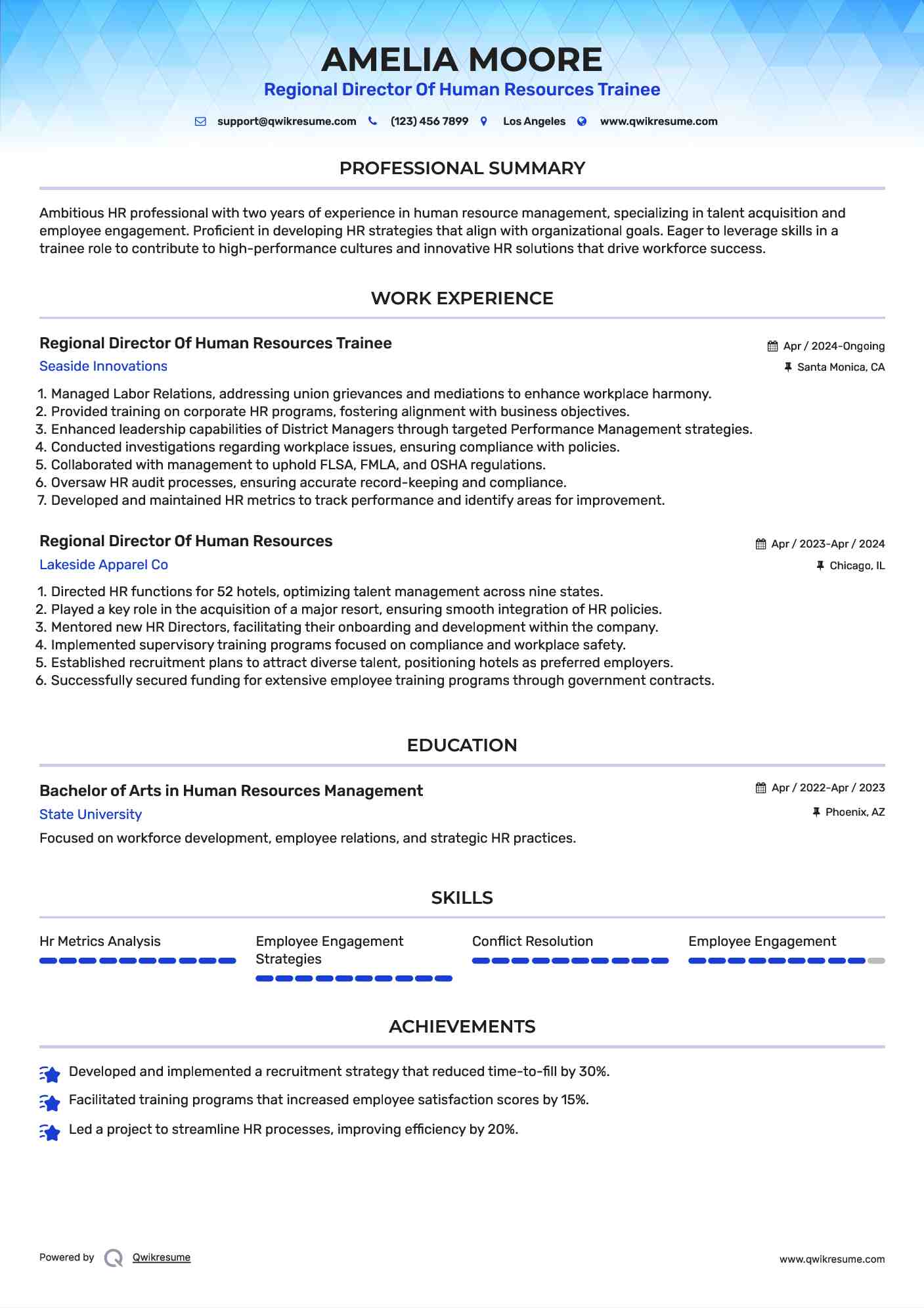 Regional Director Of Human Resources Trainee Resume Sample