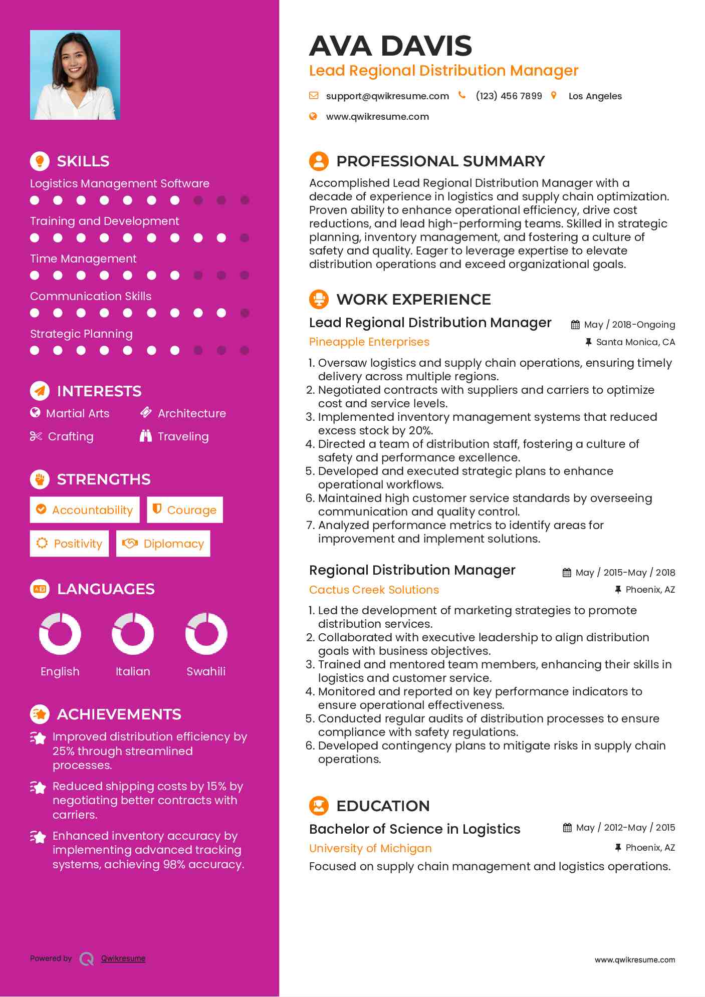 Lead Regional Distribution Manager Resume Model
