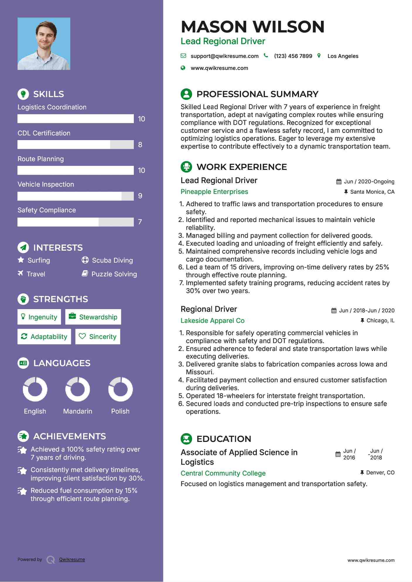 Lead Regional Driver Resume Model