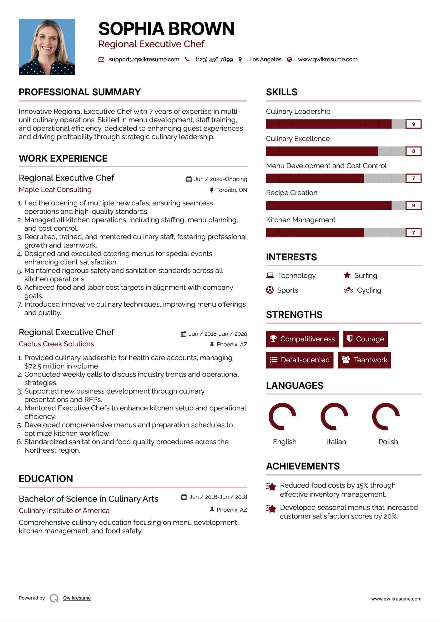 Regional Executive Chef Resume Sample