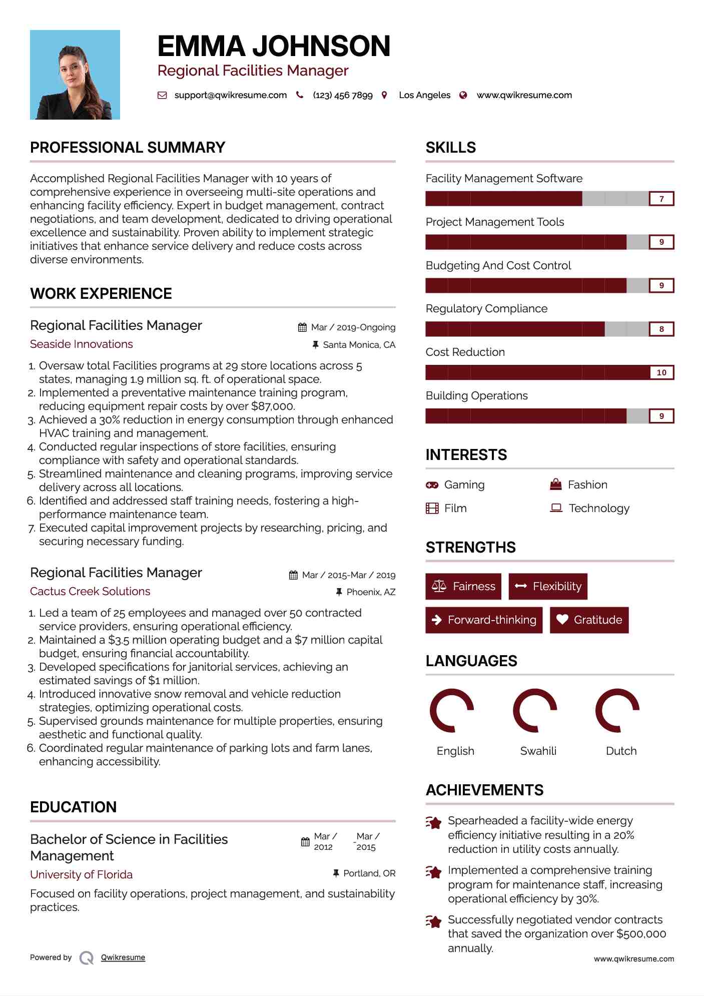 Regional Facilities Manager Resume Example