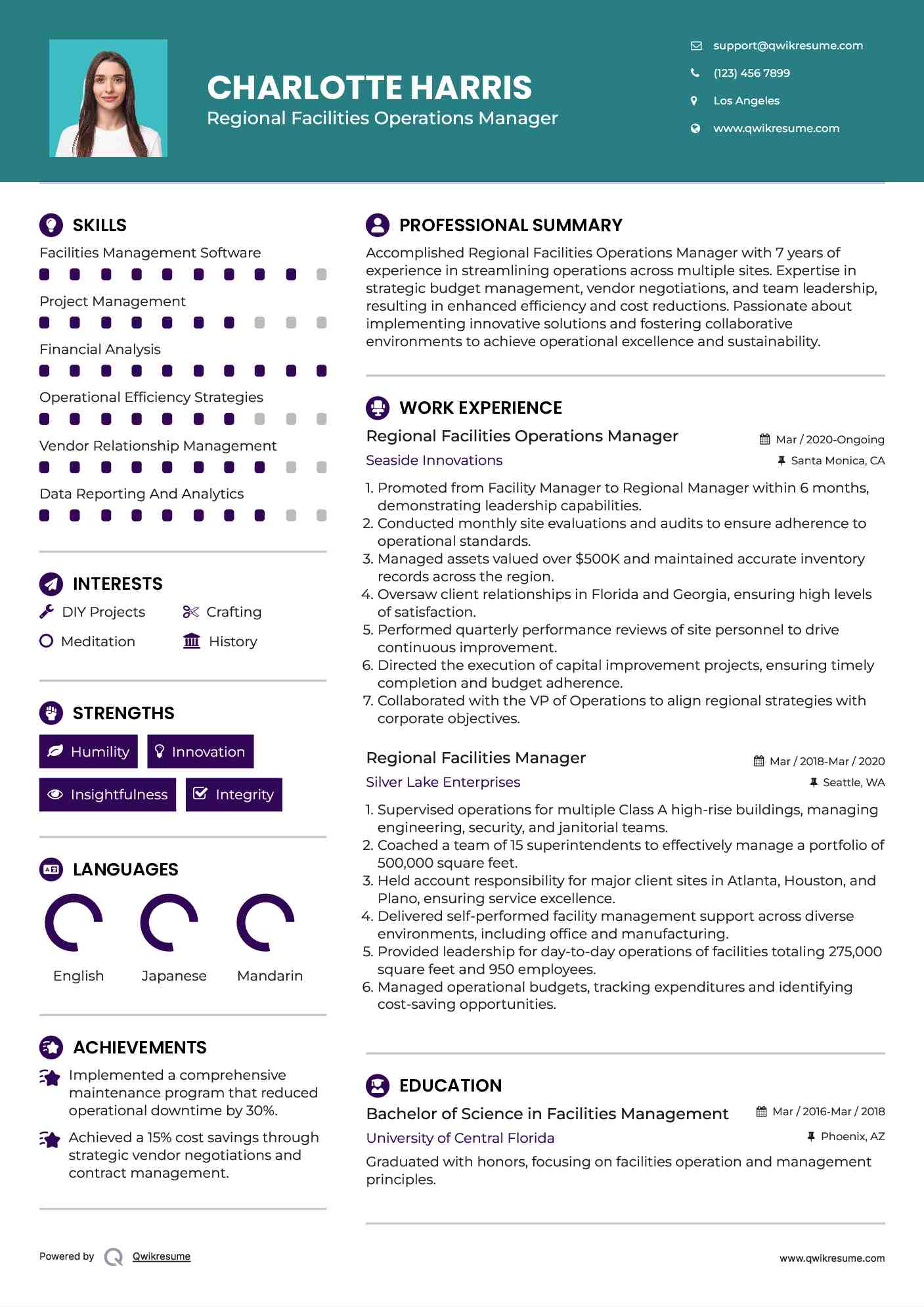Regional Facilities Operations Manager Resume Template