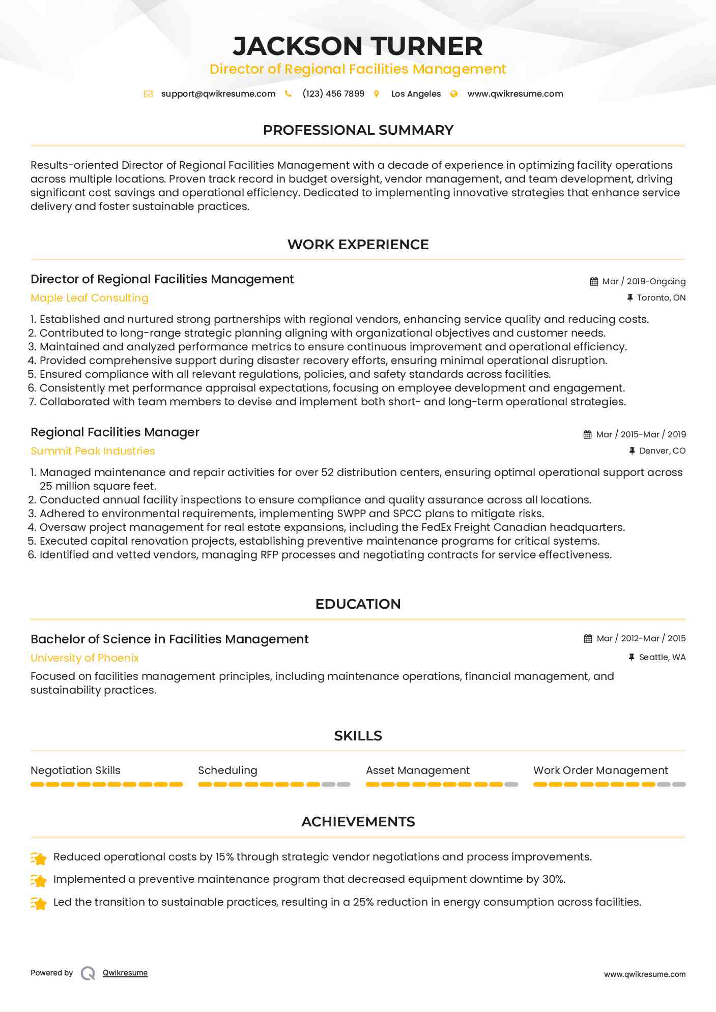 Director of Regional Facilities Management Resume Format