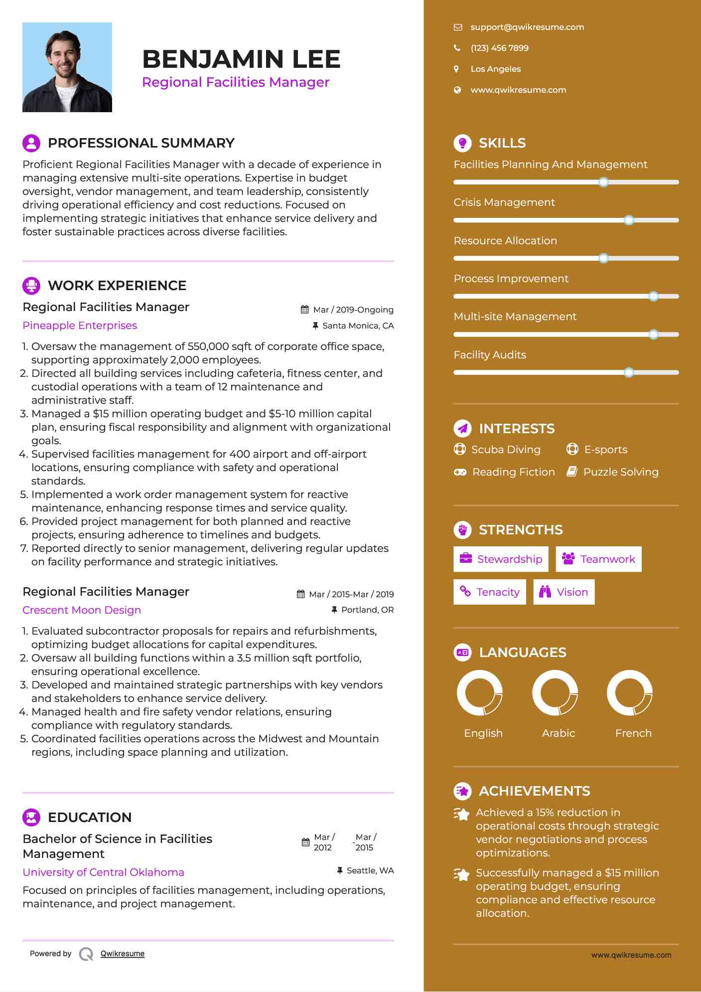 Regional Facilities Manager Resume Example