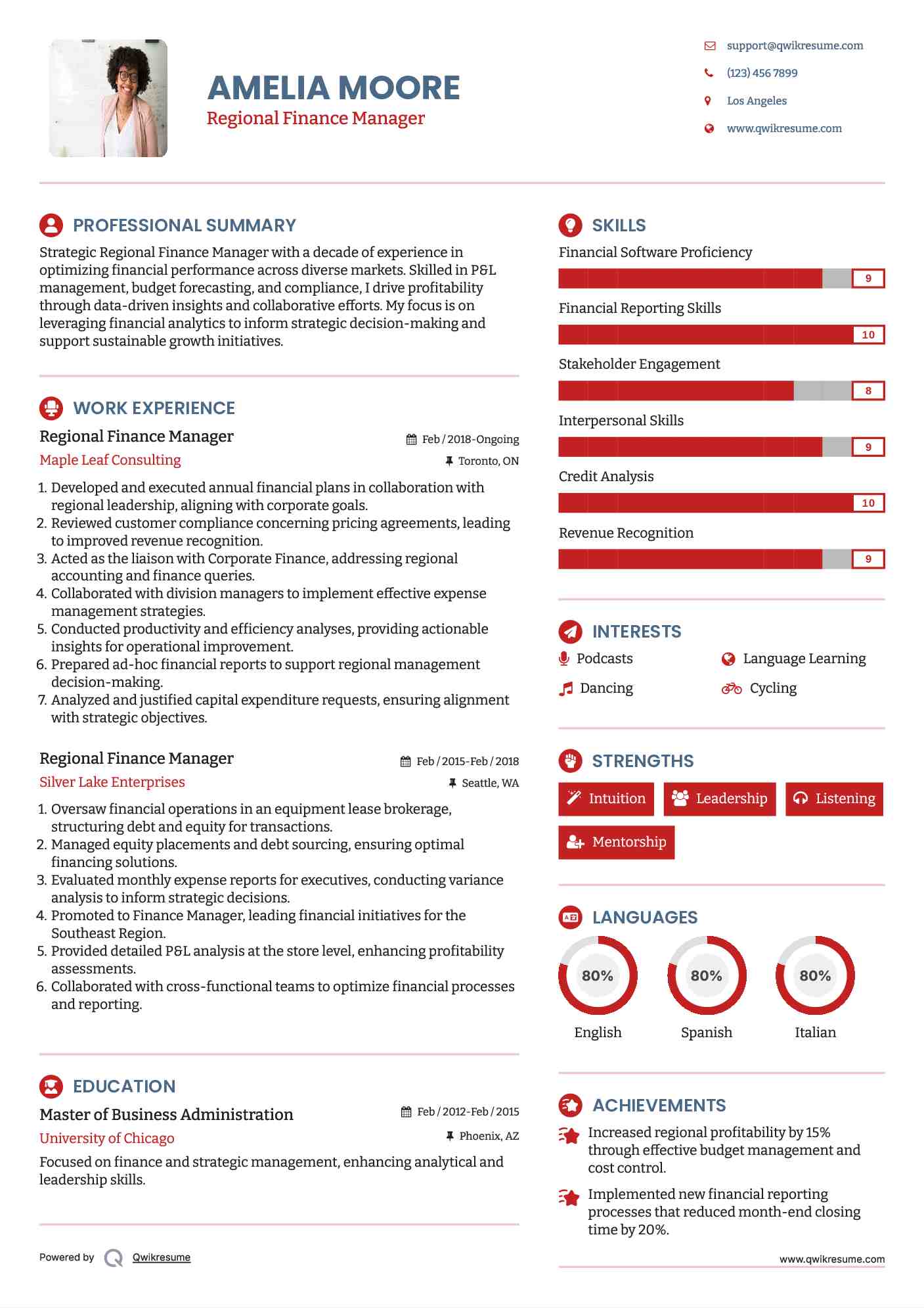 Regional Finance Manager Resume Sample