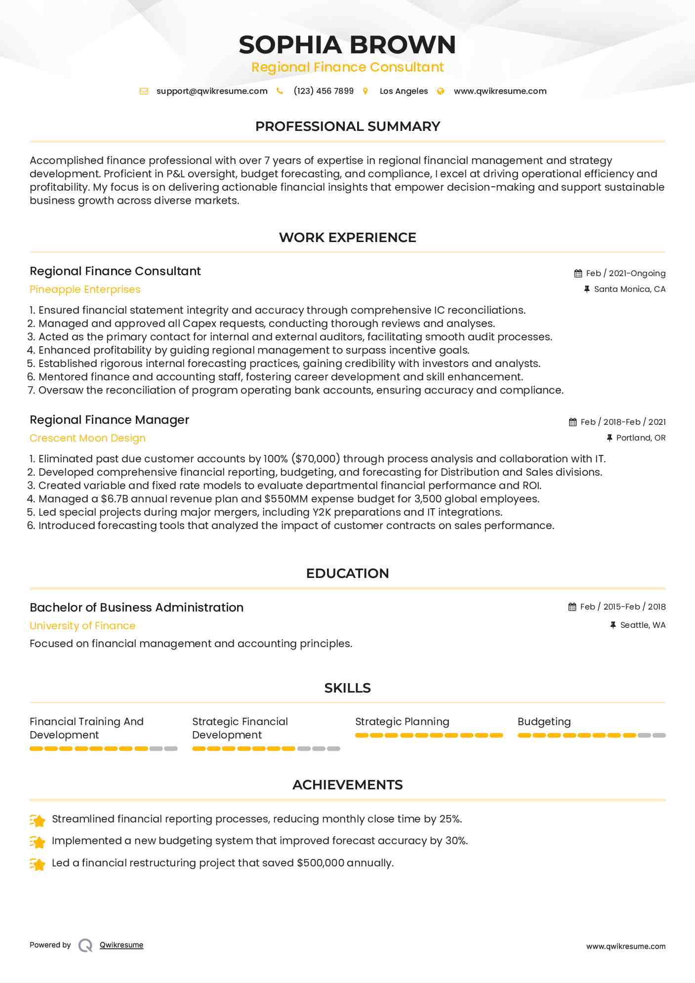 Regional Finance Consultant Resume Sample
