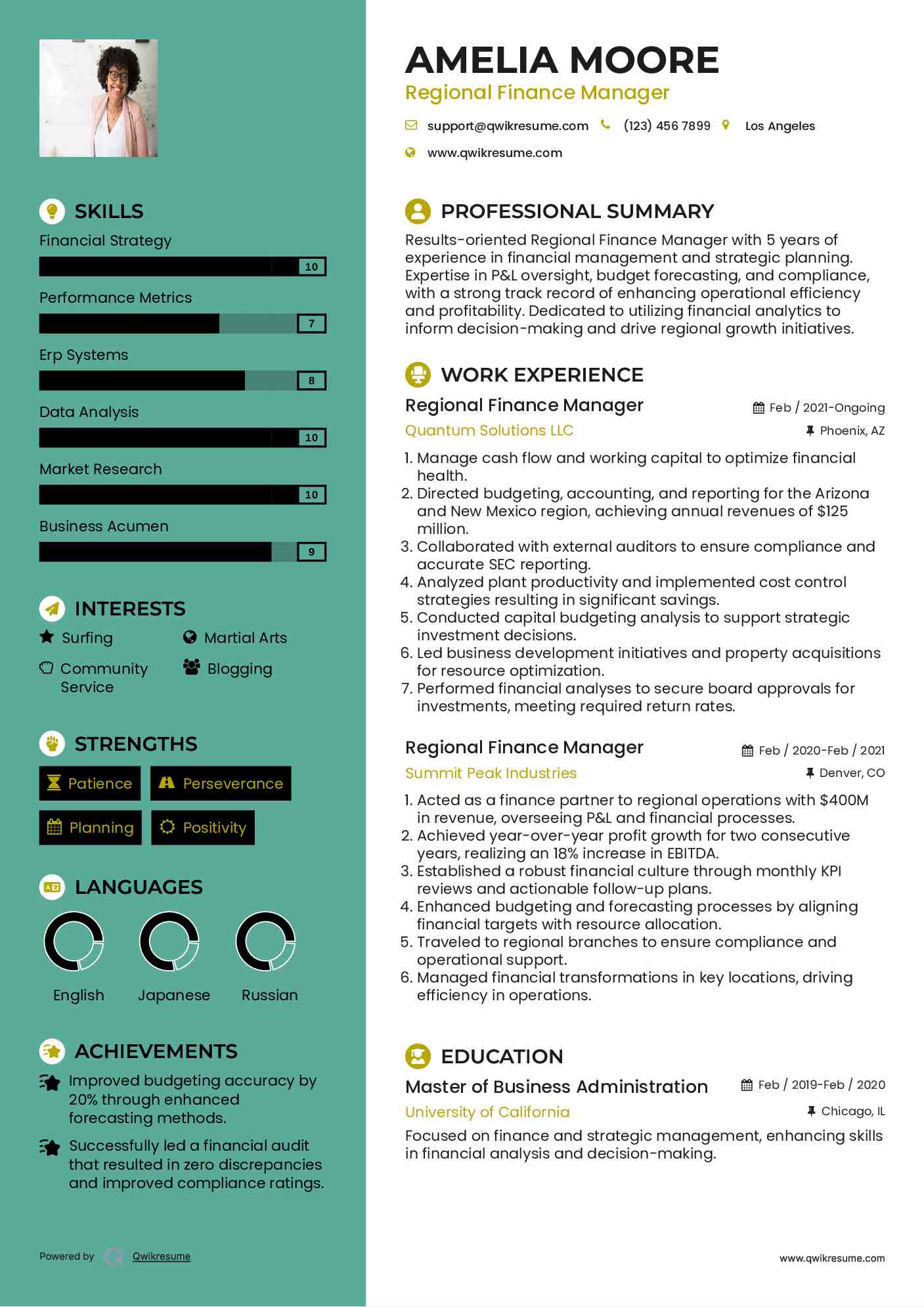 Regional Finance Manager Resume Example