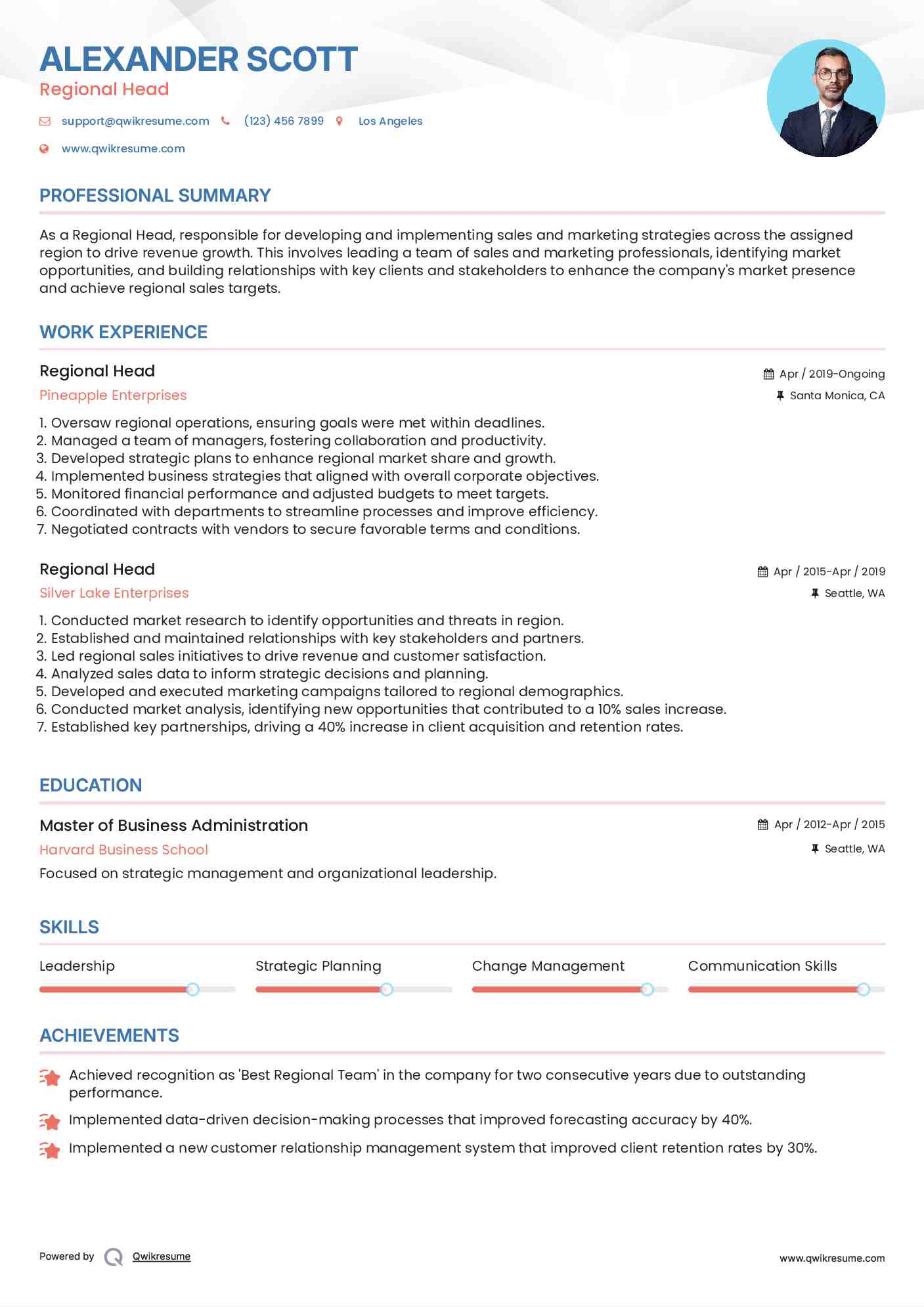 Regional Head Resume Example