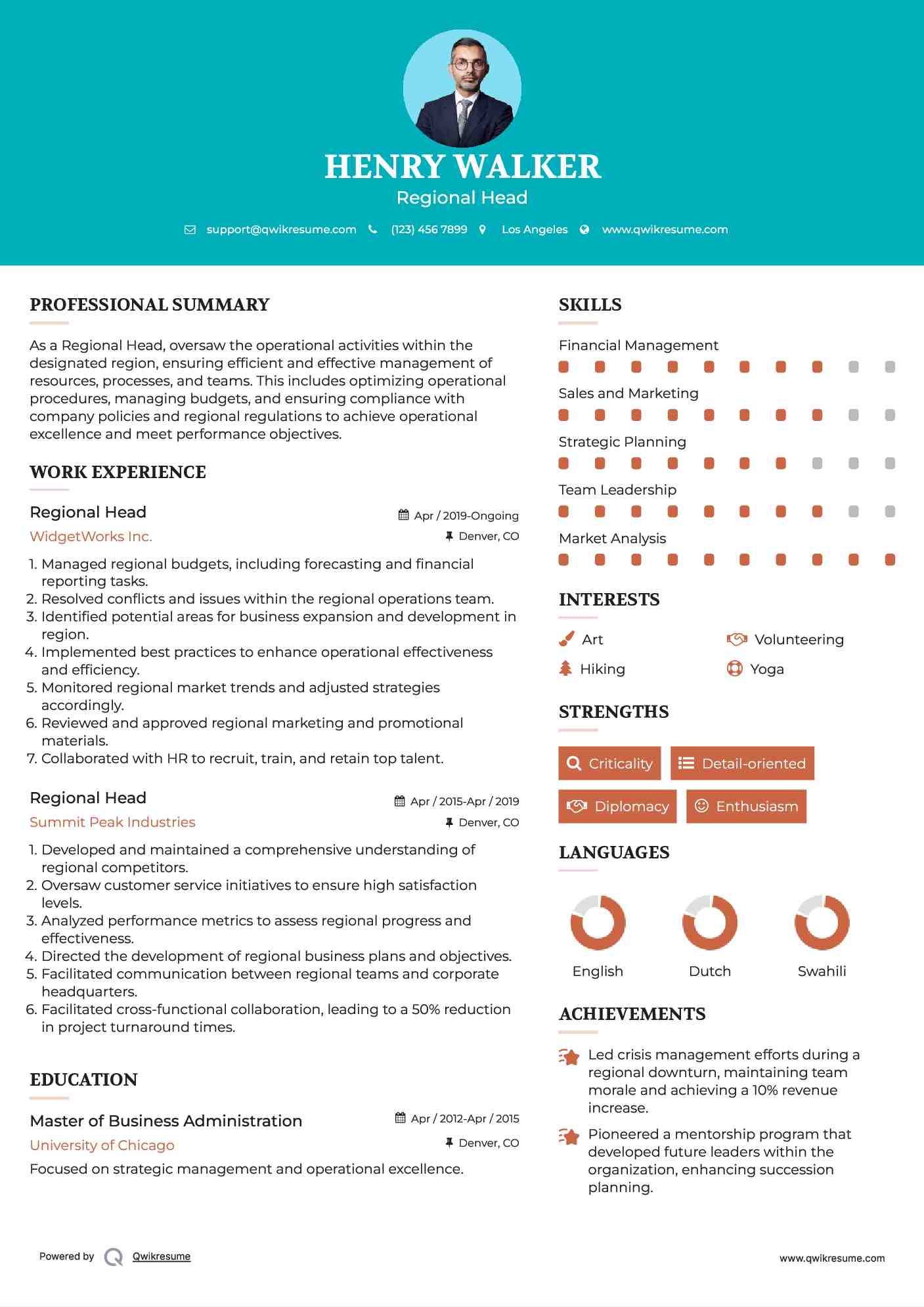 Regional Head Resume Example