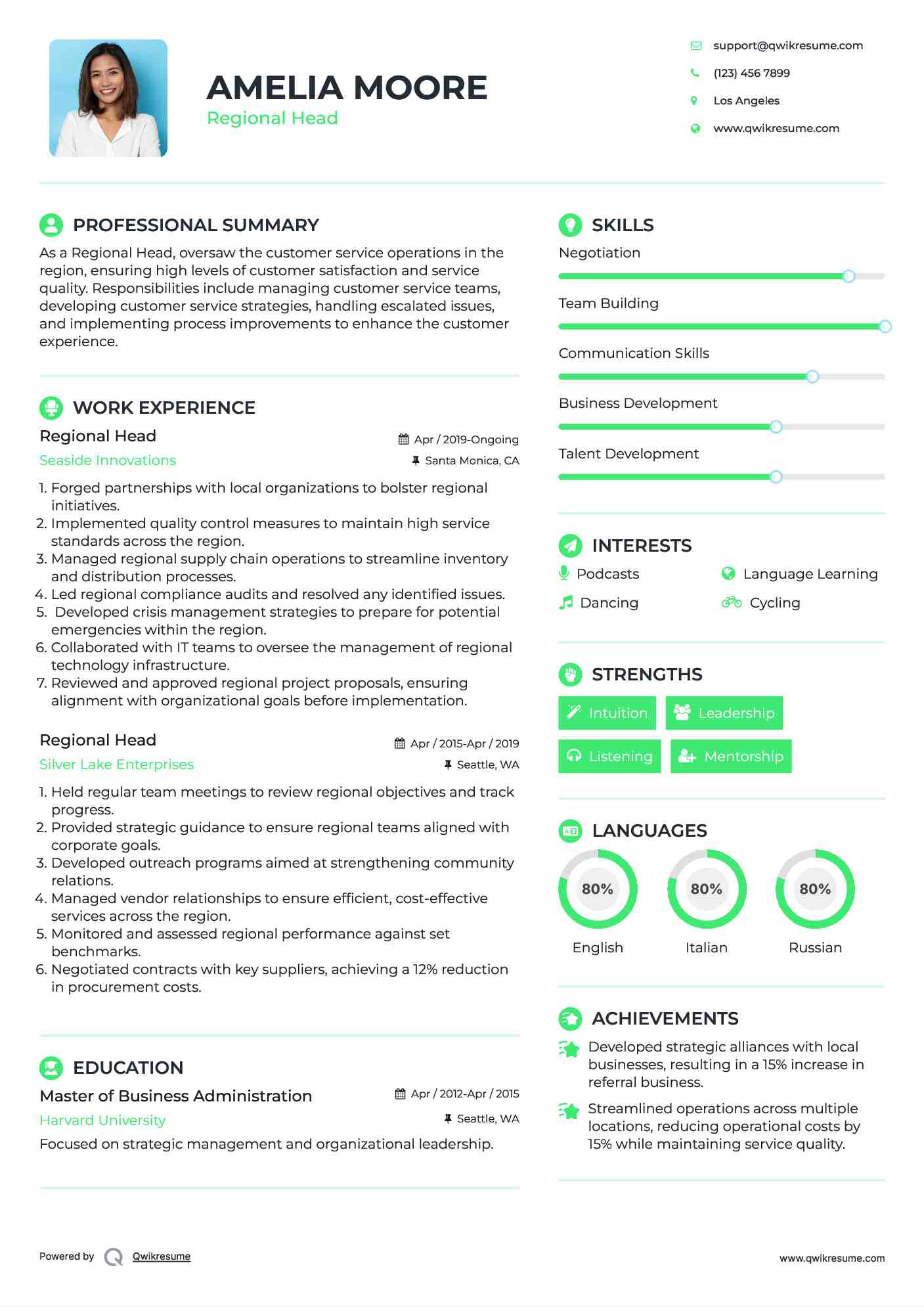 Regional Head Resume Model