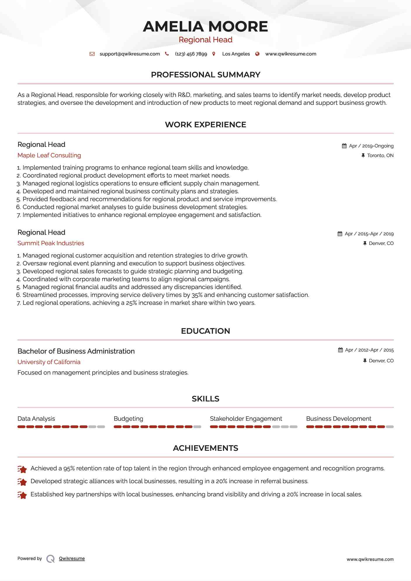 Regional Head Resume Example