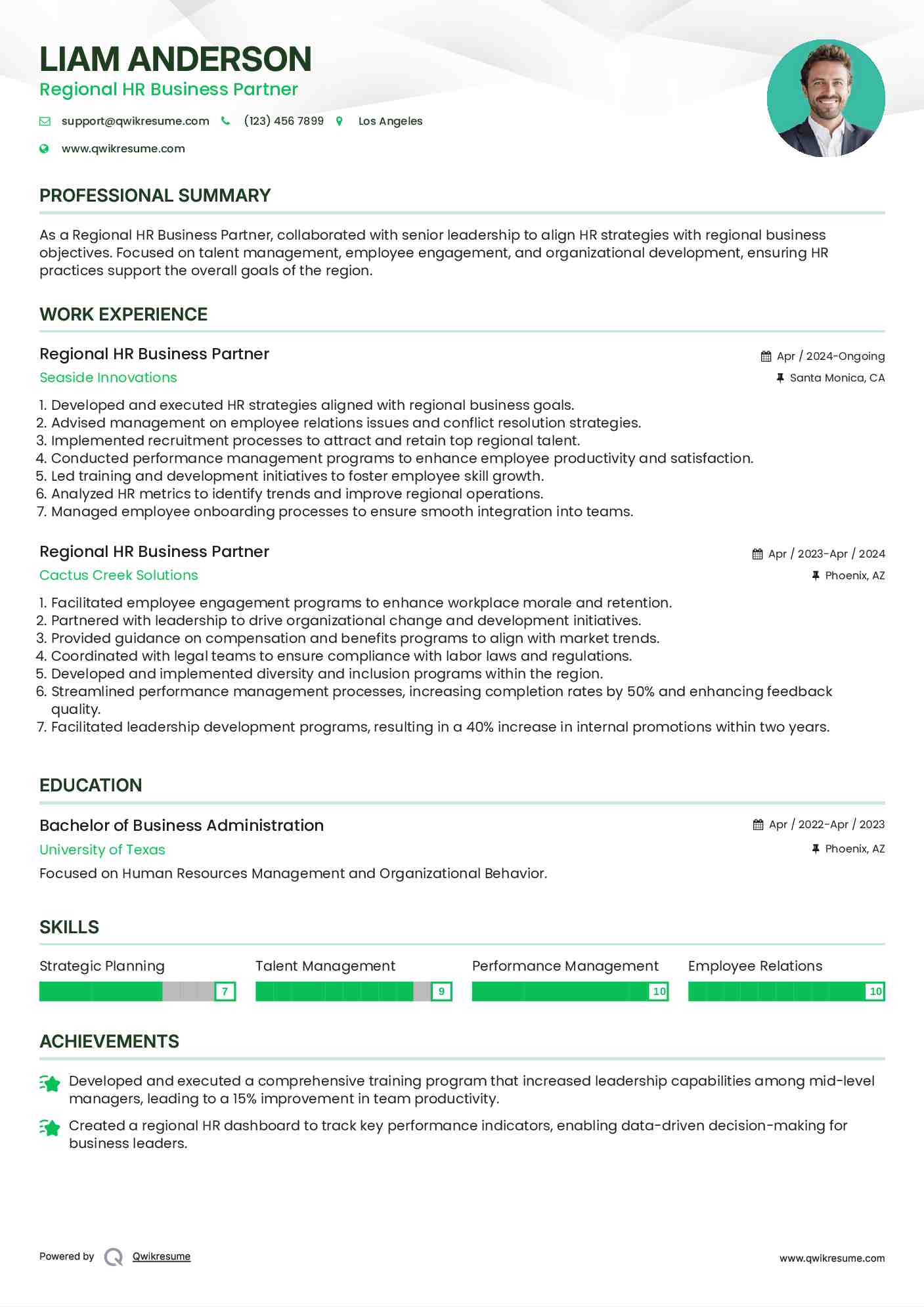 Regional HR Business Partner Resume Example