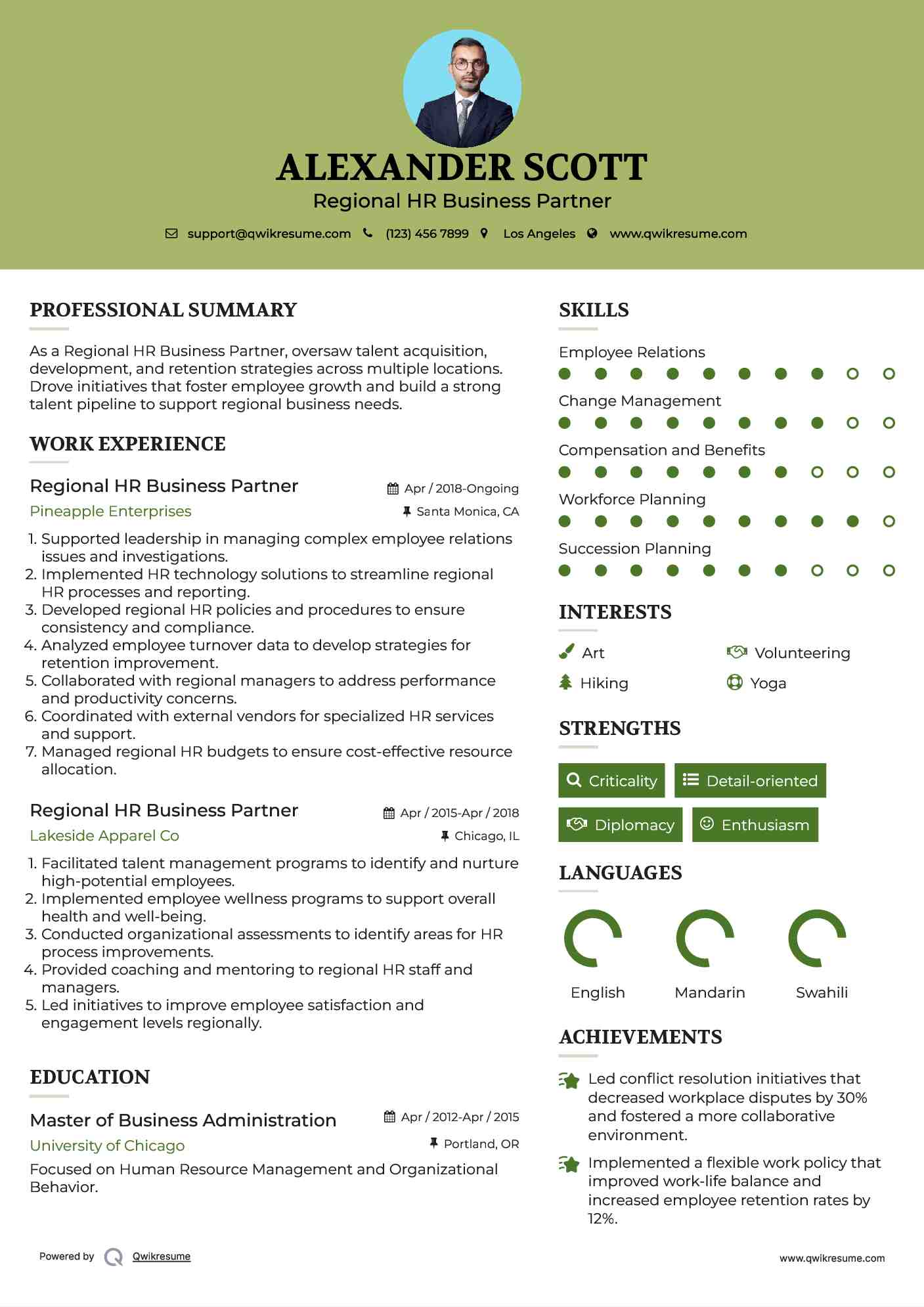 Regional HR Business Partner Resume Model