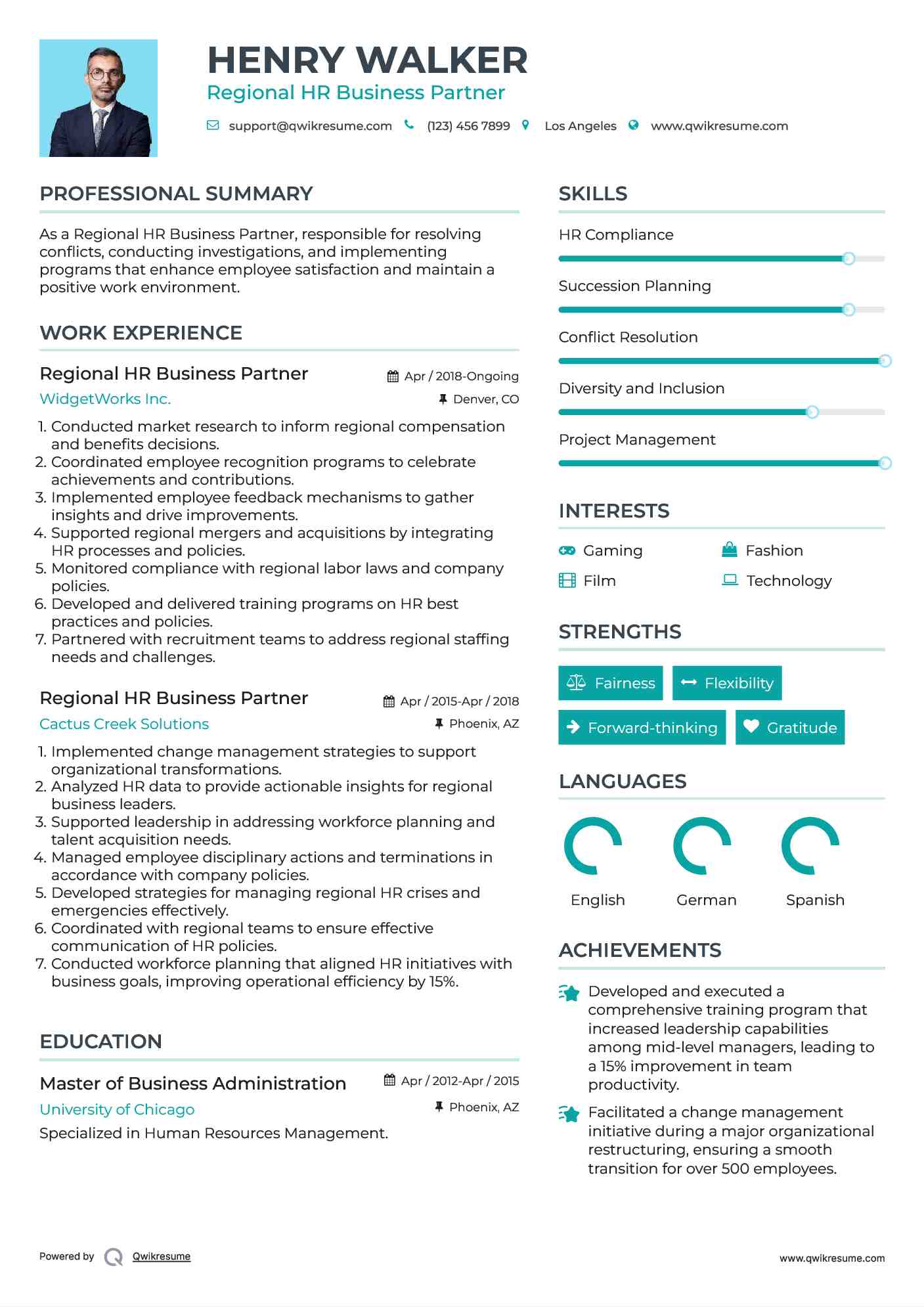 Regional HR Business Partner Resume Template