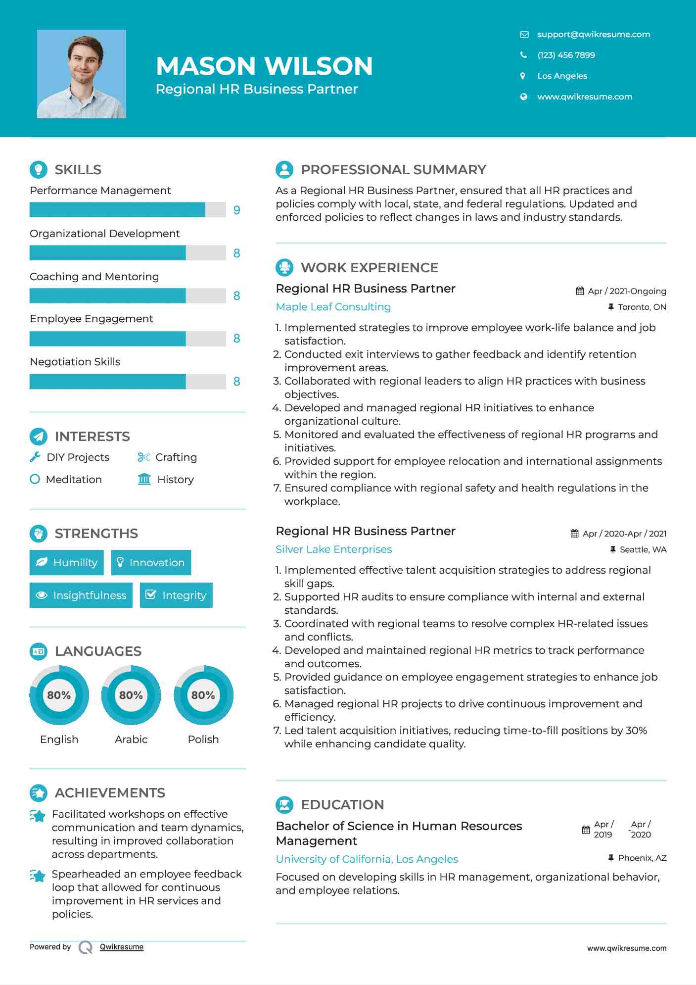 Regional HR Business Partner Resume Sample