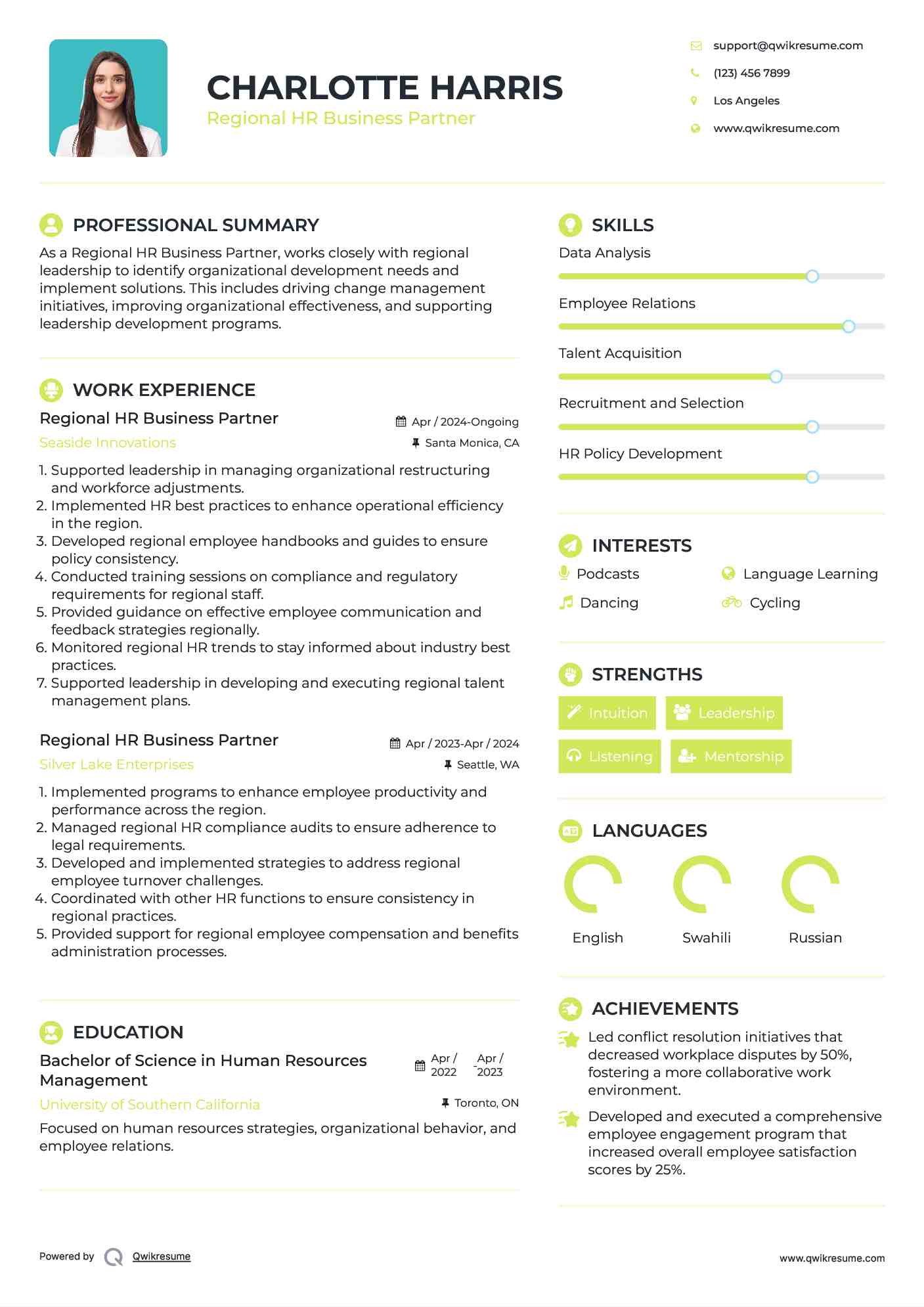 Regional HR Business Partner Resume Format