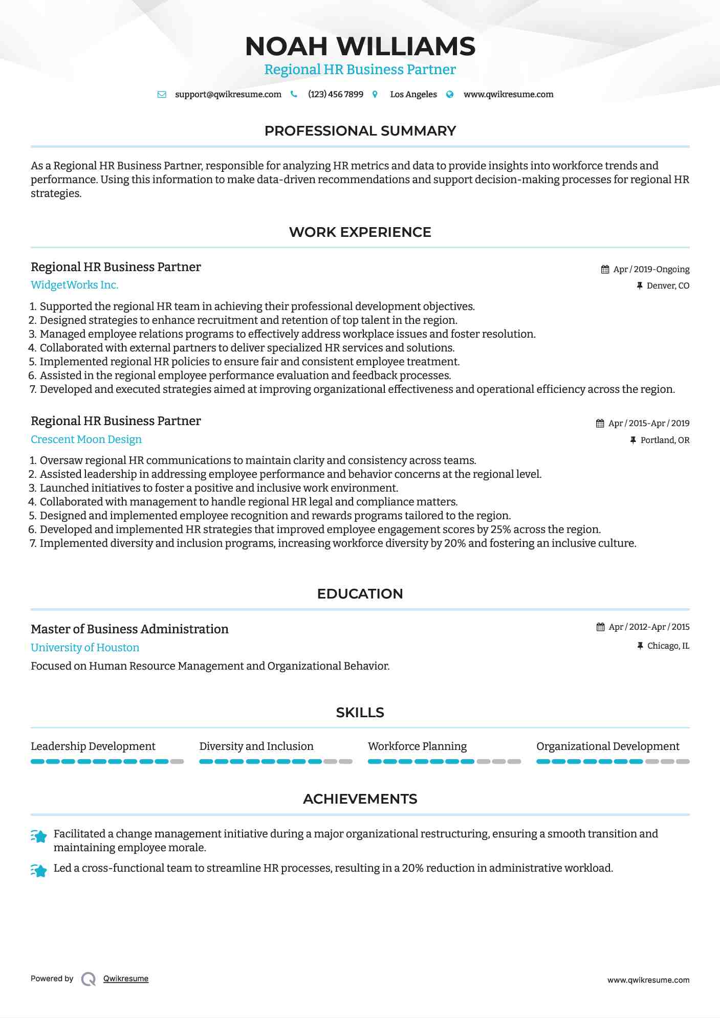 Regional HR Business Partner Resume Sample