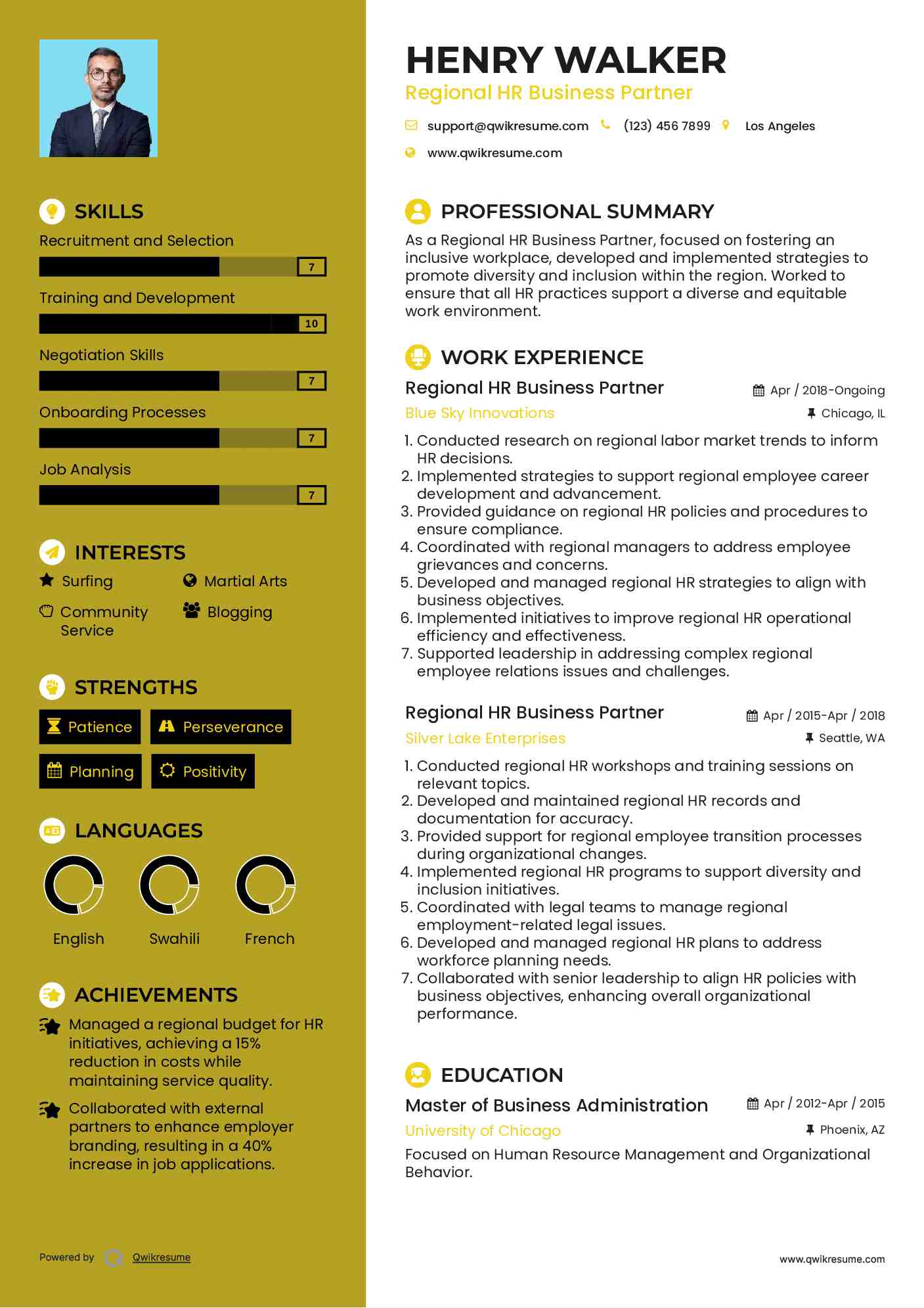 Regional HR Business Partner Resume Model
