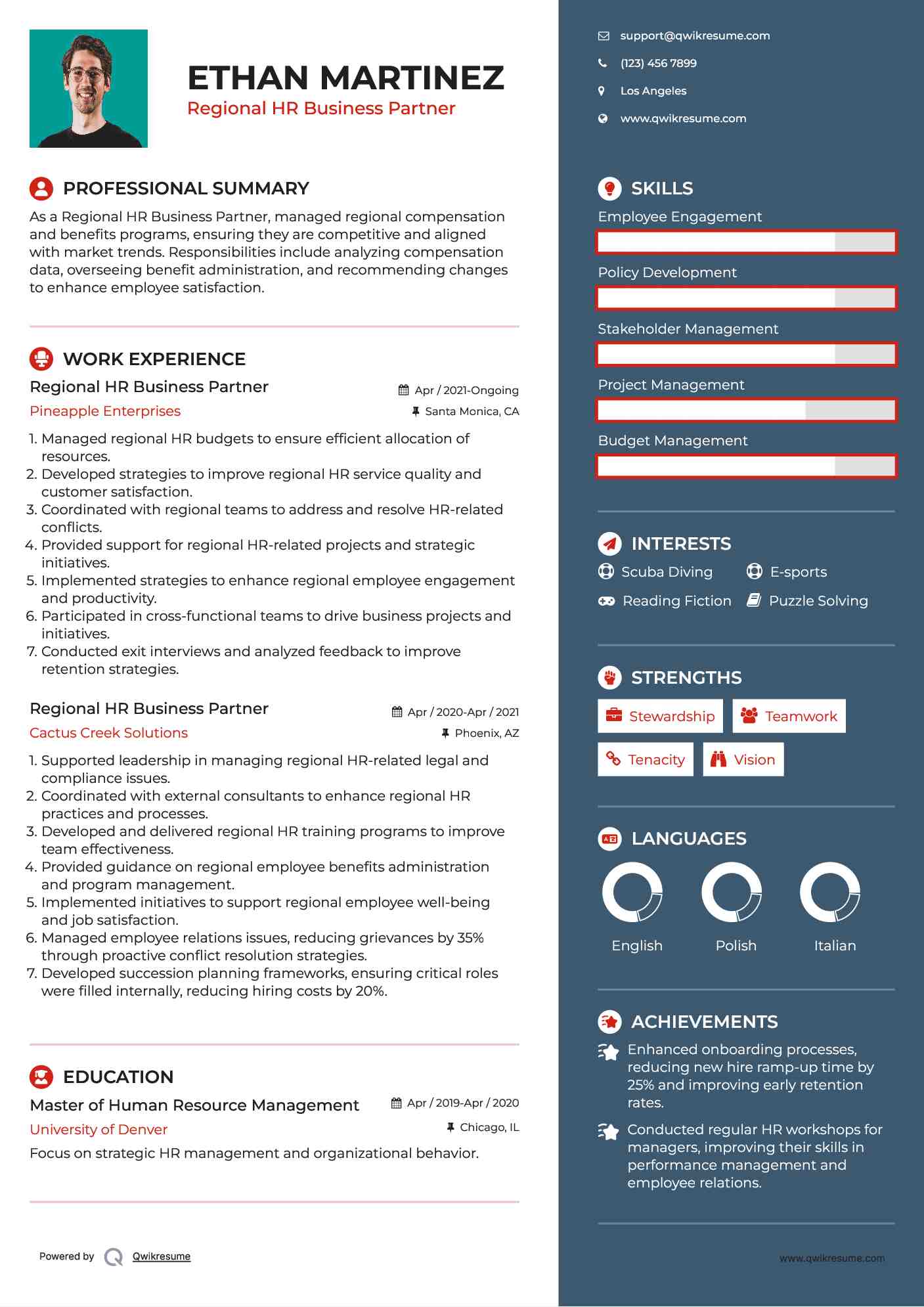 Regional HR Business Partner Resume Example