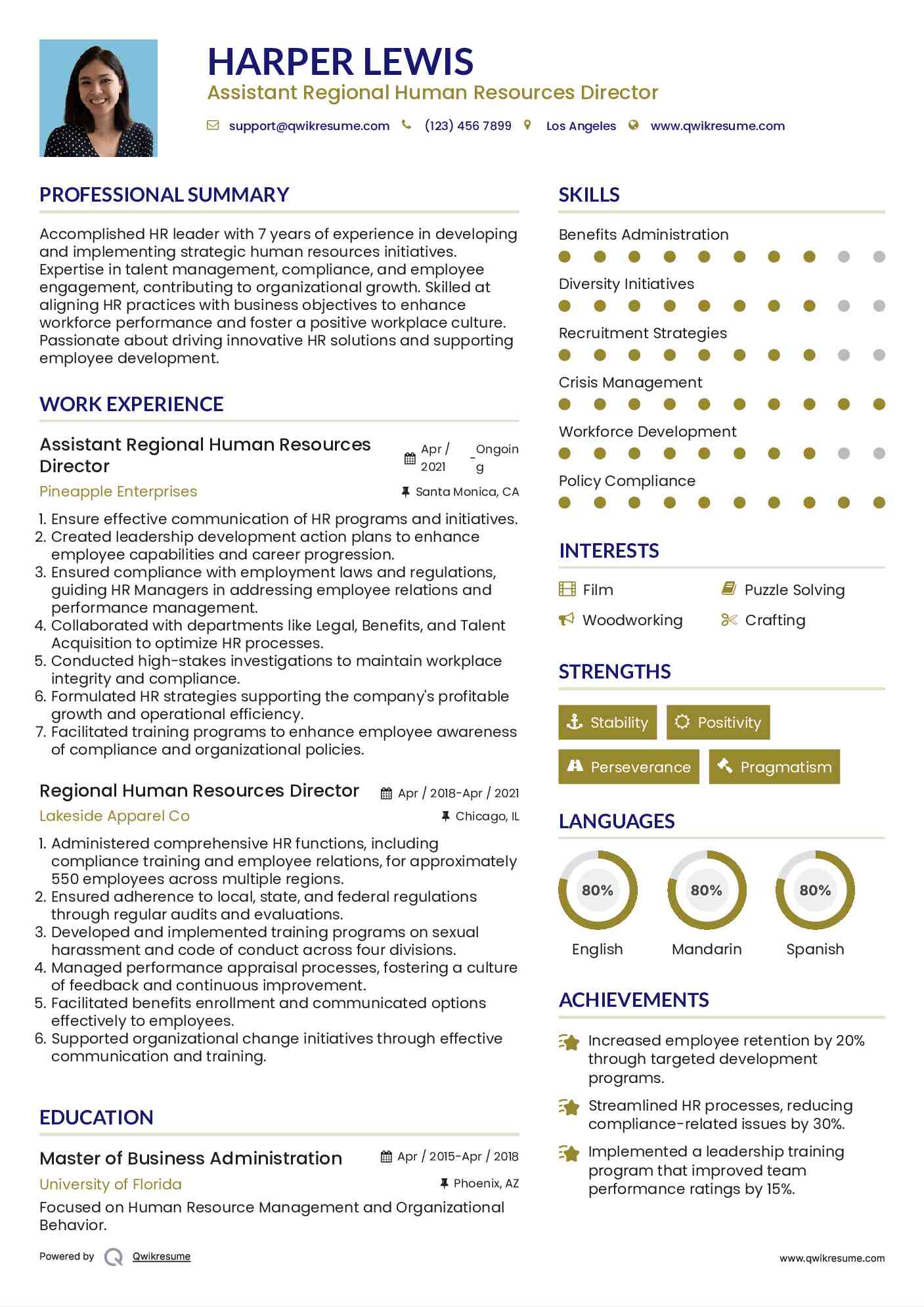 Assistant Regional Human Resources Director Resume Format