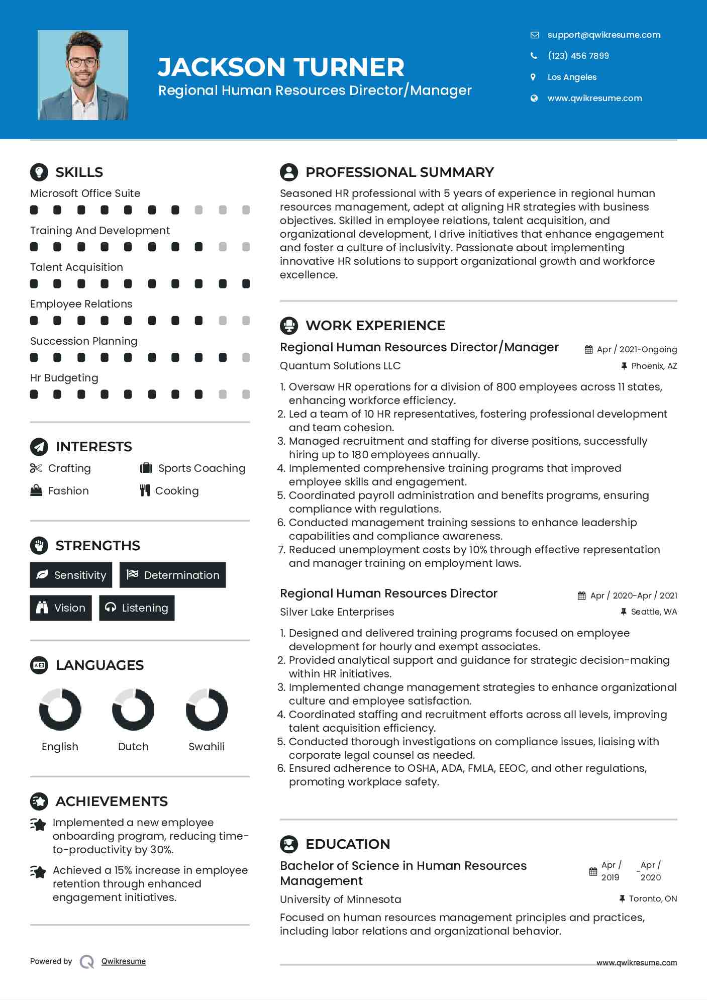 Regional Human Resources Director/Manager Resume Sample