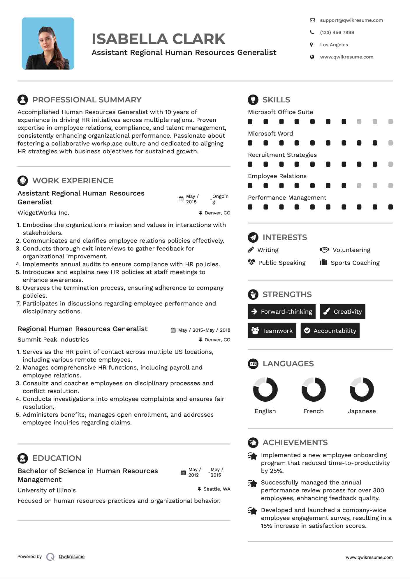 Assistant Regional Human Resources Generalist Resume Sample