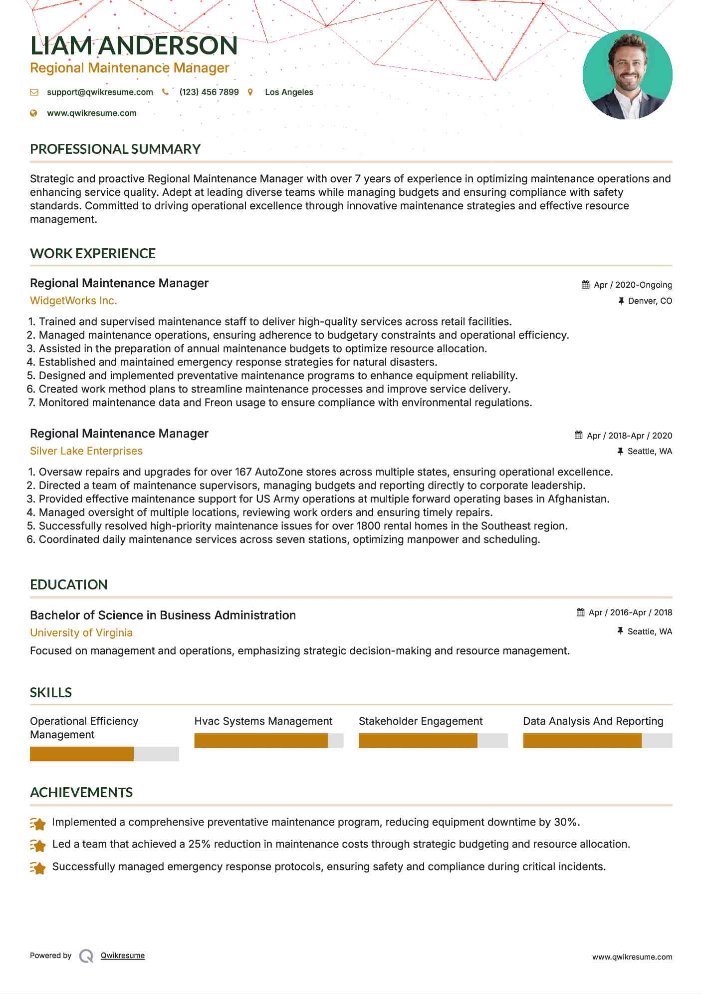 Regional Maintenance Manager Resume Example