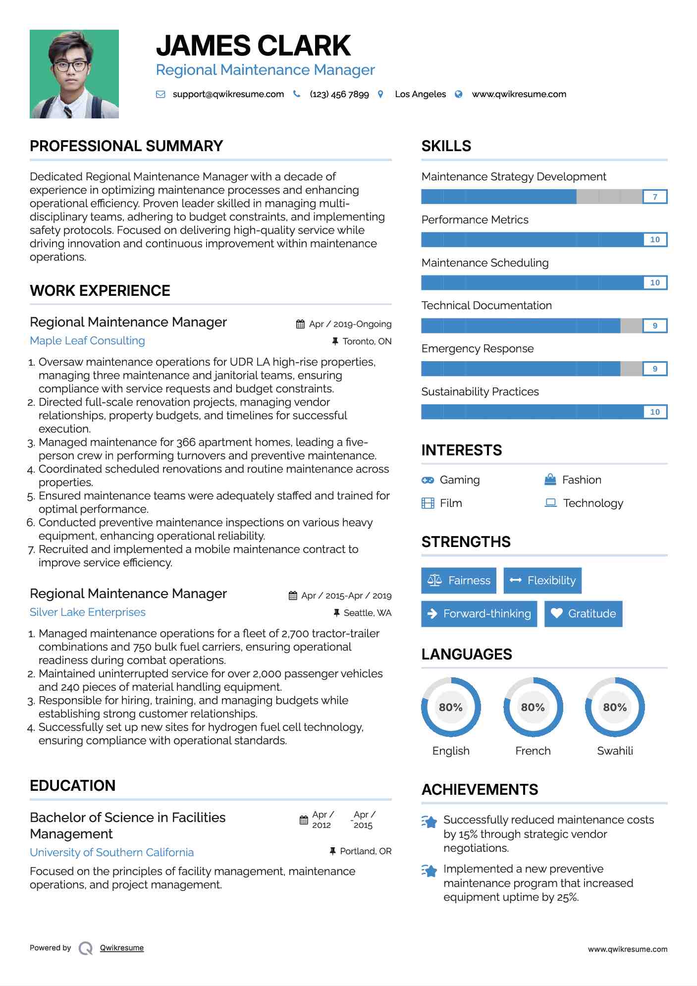 Regional Maintenance Manager Resume Example