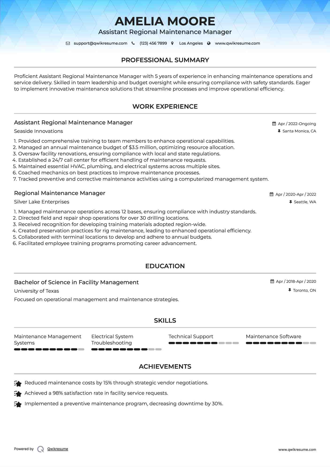 Assistant Regional Maintenance Manager Resume Example